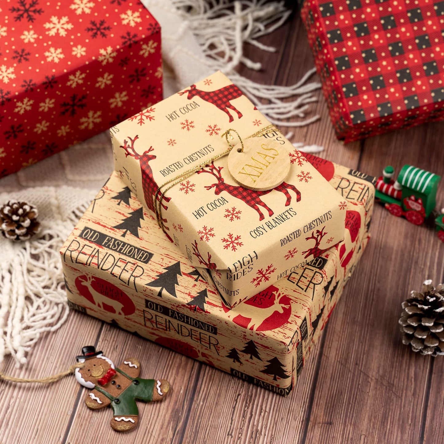 Christmas Wrapping Paper, Kraft Paper - Red and Black Christmas Designs - 4 Rolls - 30 inches x 10 feet per Roll