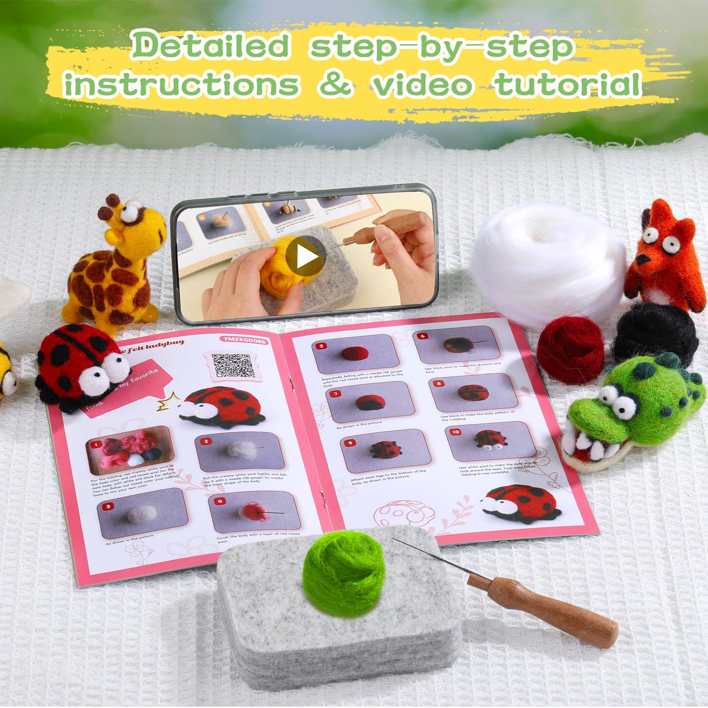 Needle Felting Kit - 13Pcs Needle Felting Kit for Beginners with Wool Roving, Felting Pad, Felting Needles for Starters DIY Craft Animal Home Deco Birthday Gift