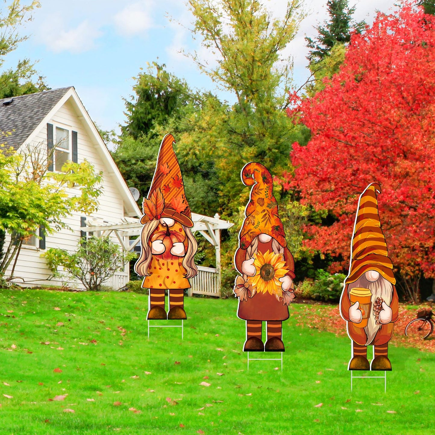 3 Pcs Thanksgiving Yard Decor Cute Fall Gnome Yard Sign with Stakes 32 x 10 Inch Autumn Gnome Outdoor Lawn Decor, Outside Thanksgiving Garden Decoration for Home Pathway Walkway