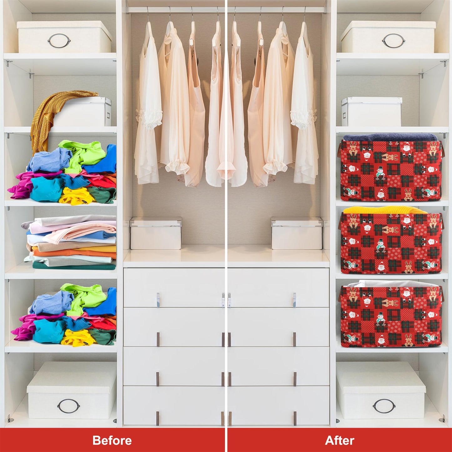 Funnewban Christmas Red Storage Bin Basket Collapsible with Leather Handles Waterproof Canvas Storage Cube Box for Closet Toys Clothes Snowman Santa Room Decor Gift Basket