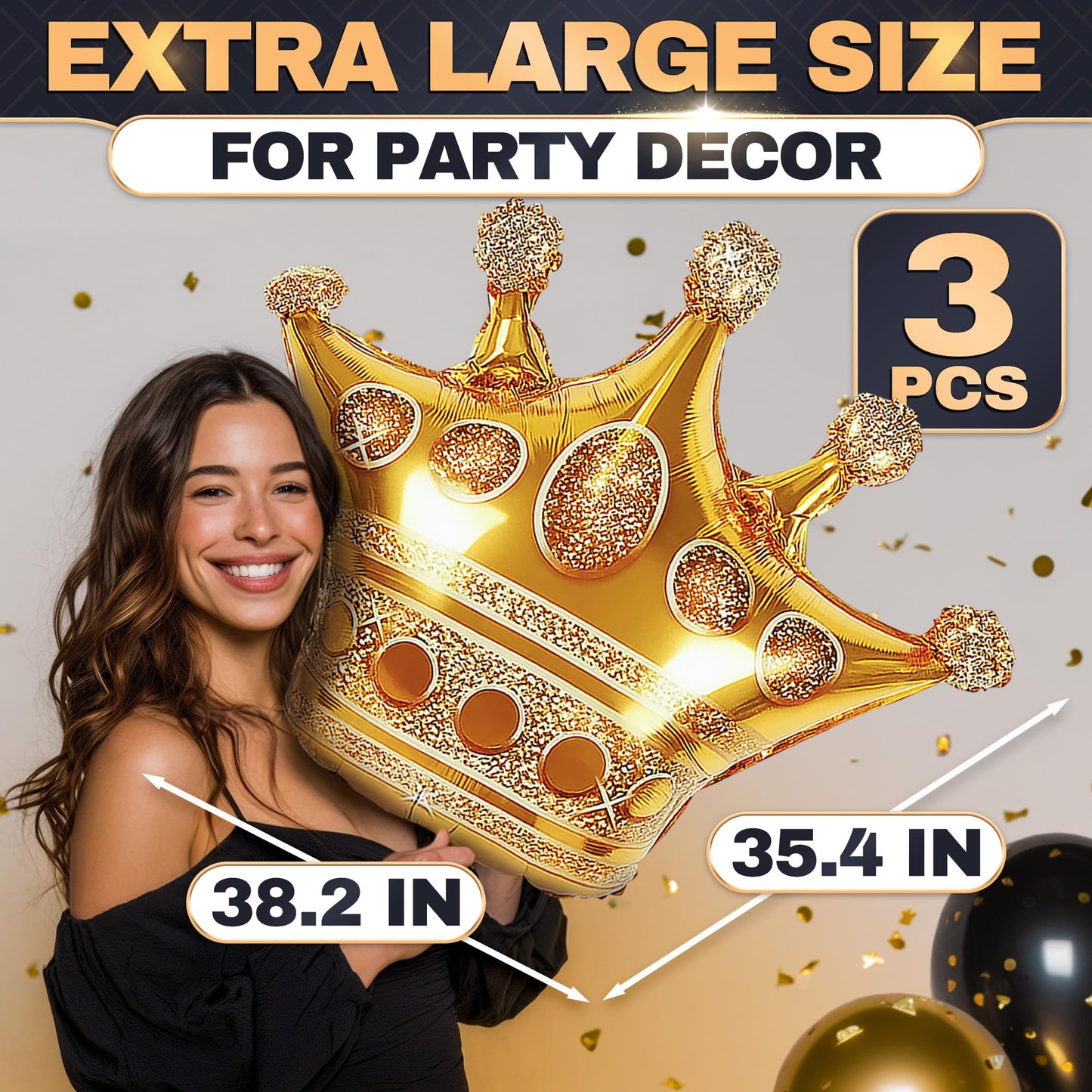 3 Pcs 38" Gold Crown Balloons – Large Gold Balloons with Royal Crown Shape, Reusable Aluminum Foil – Eye Catching Centerpiece for Princess Party Decor, Birthday Setup, Graduation and Photo Backdrop