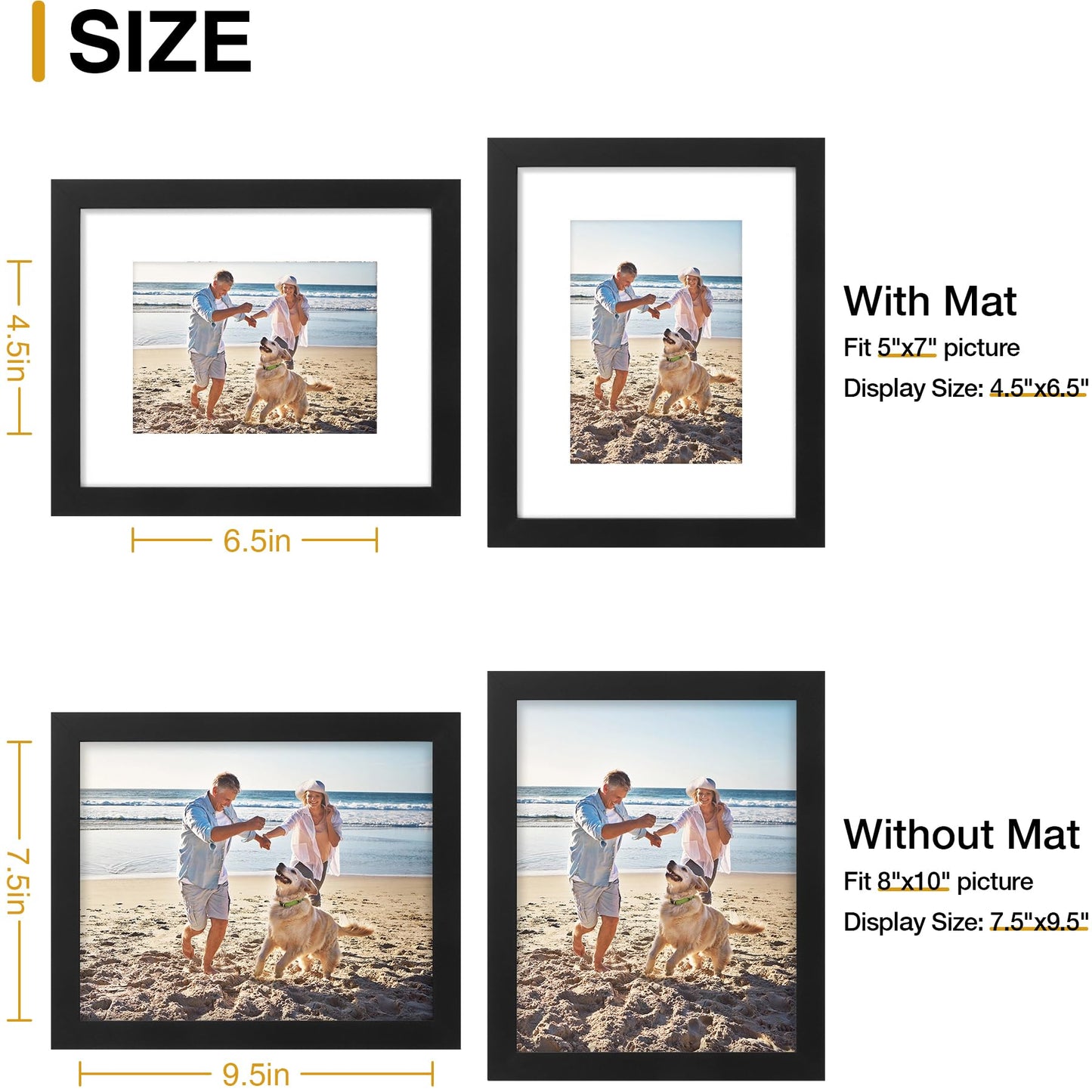 8x10 Picture Frame, Display Pictures 5x7 with Mat or 8x10 without Mat, Black Engineered Wood Photo Frame with Plexiglass for Wall & Tabletop Display, Picture Frames 8x10 Set of 1