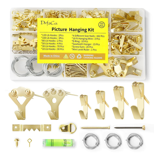 Picture Hanging Kit, 322 Pcs Picture Hangers, with 10-120lb Picture Hanging Hardware, Sawtooth Picture Hanging Assortment Kit, Screw Eyes, D Rings, Nails, Screws, Steel Wire,Picture Frame Hooks