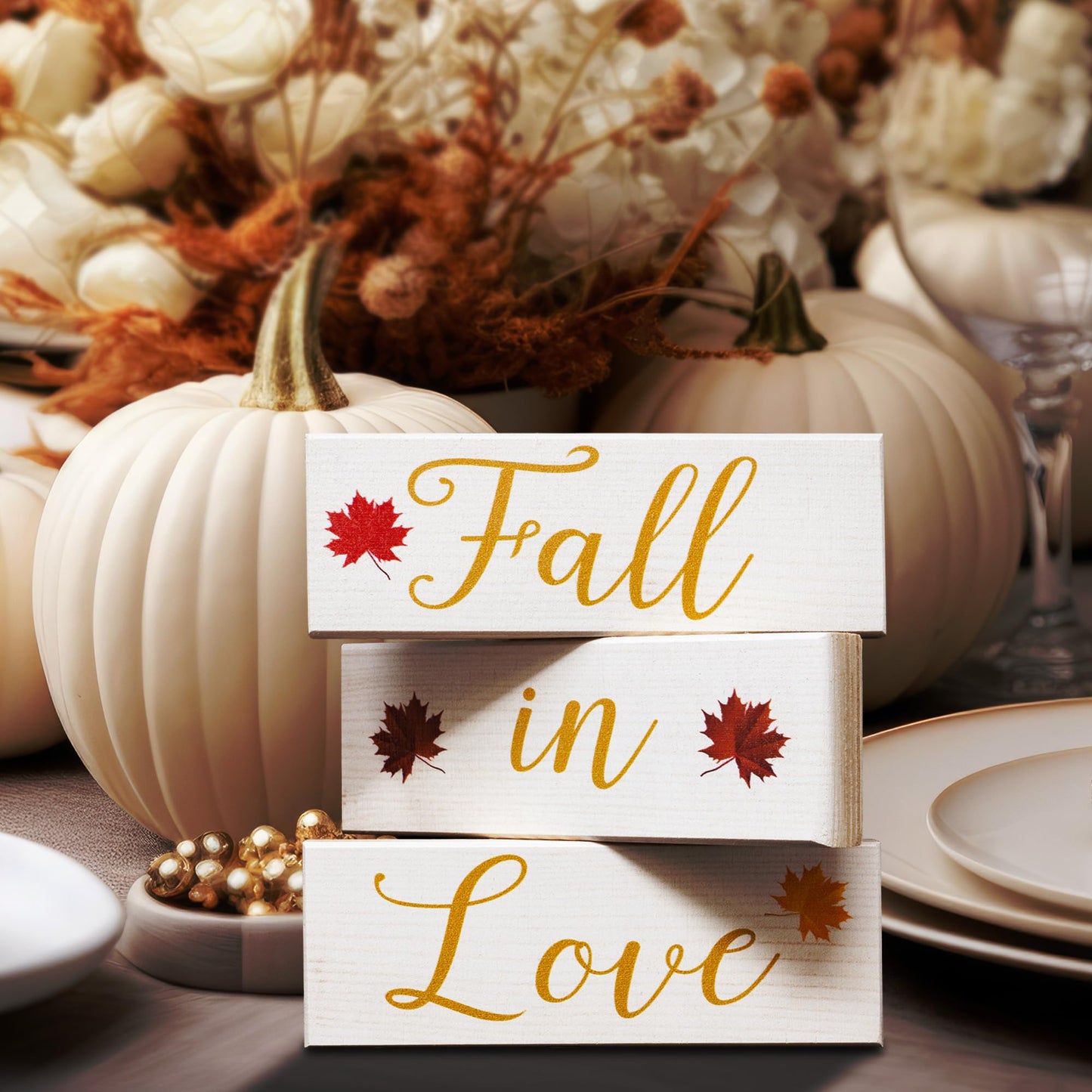 Fall in Love Wooden Blocks - Fall Decor, Wedding and Bridal Showers, Thanksgiving and Harvest Displays, Fall Tiered Tray Decoration - Made in USA