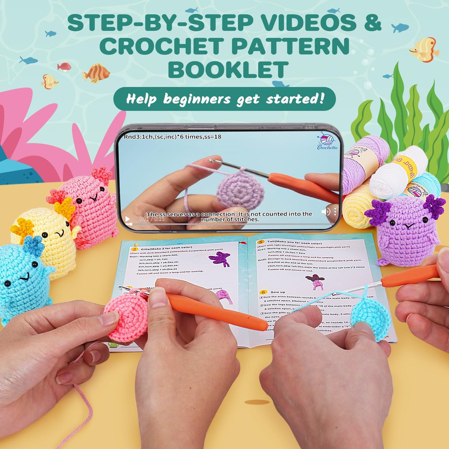 Crochetta Crochet Kit for Beginners, Crochet Starter Kit w Step-by-Step Video Tutorials, Beginner Crochet Kit for Adults Kids Women Men Complete Kit Included (4 Mini Axolotls)