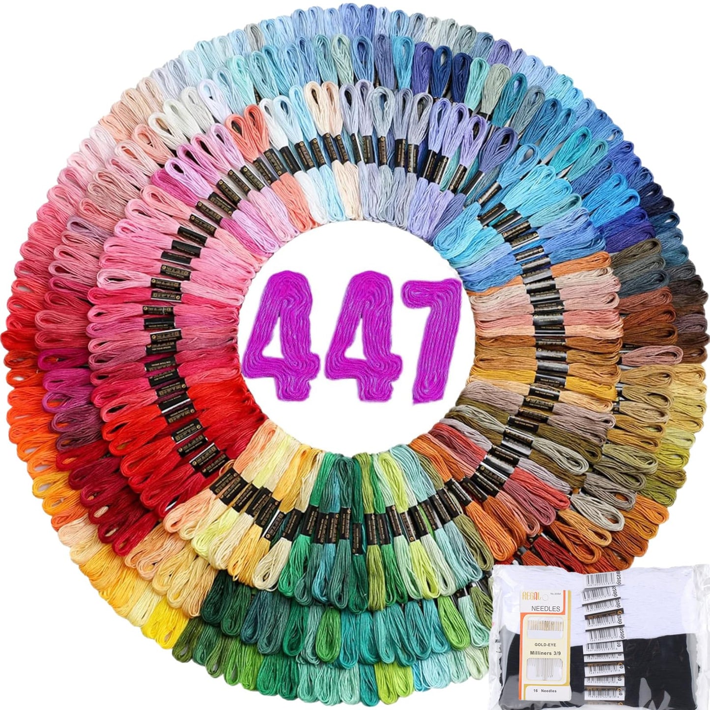 Embroidery Floss | Rainbow Thread for Embroidery, Cross Stitch Thread, Crafting Arts Embroidery Strings Bulk with Needles Plus White and Black Floss（447 Colors）