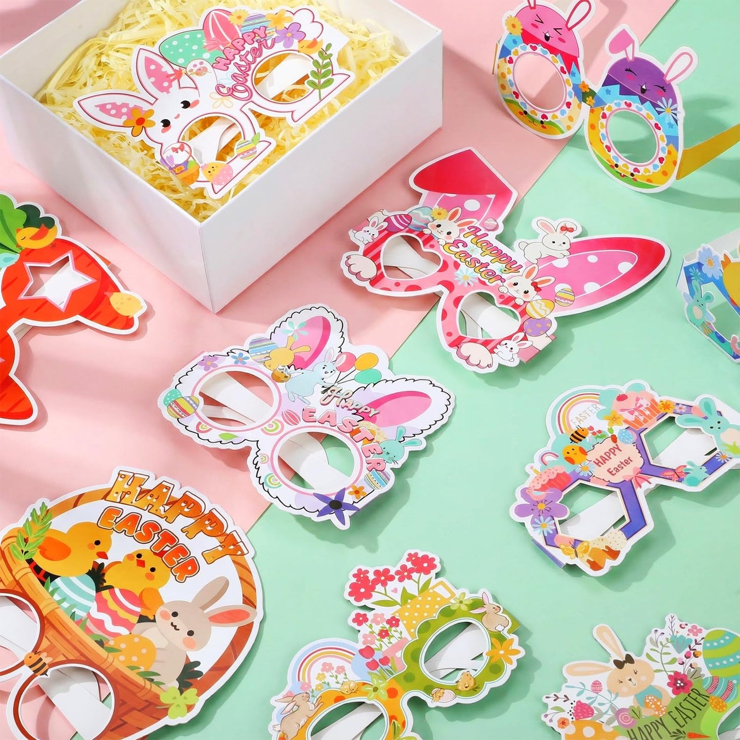 36 Pcs Happy Easter Party Paper Glasses Frame Bulk 7 Inch Easter Glasses Bunny Ears Chick Eggs Decoration Photo Booth Props Basket Stuffers for Adult Eyeglasses Party Favor