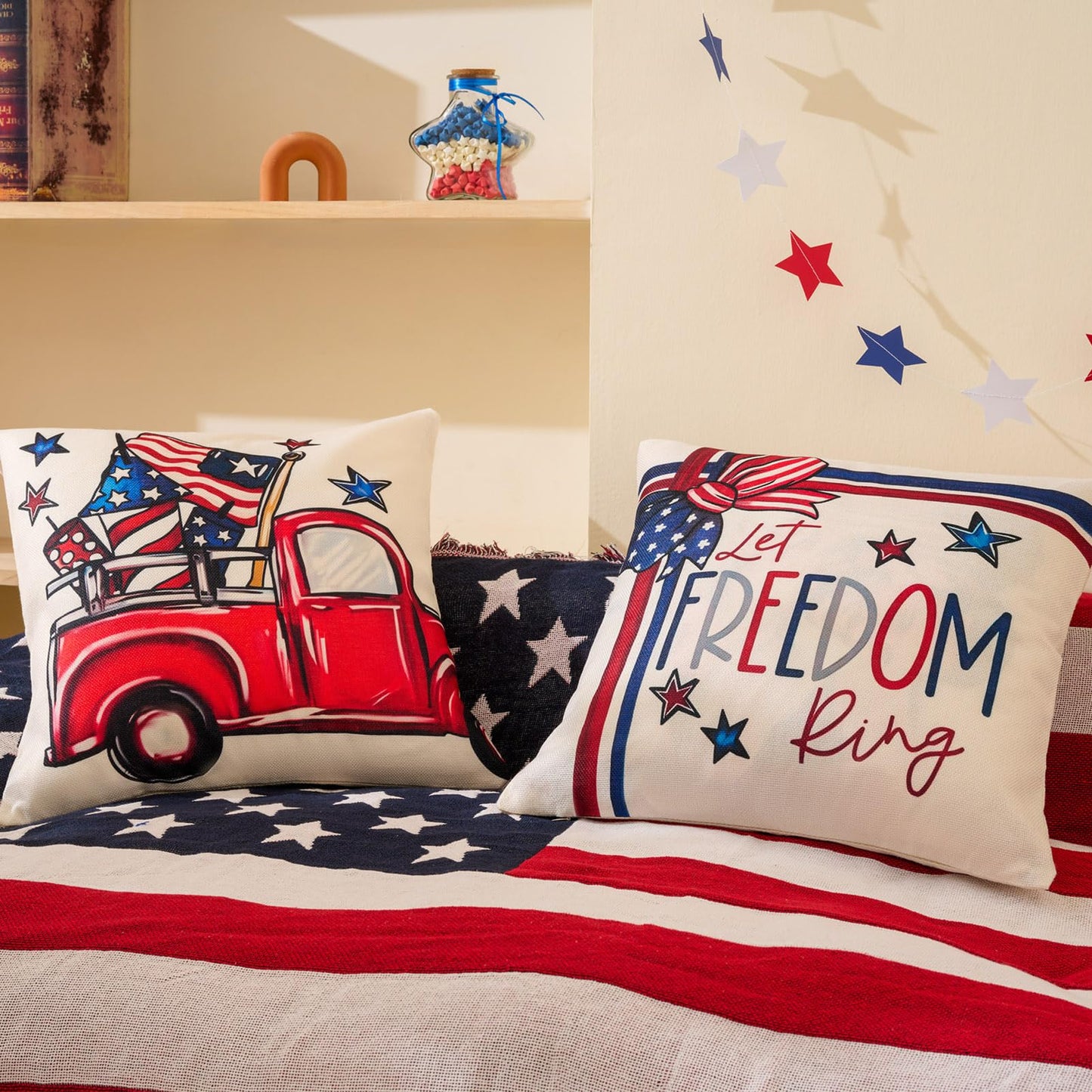 4th of July Decor-Throw Pillow Covers 18x18in Set of 4,Patriotic Linen Pillow Case for Independence Day,Memorial Day,Veteran's Day,USA,American Summer Outdoor Red White Blue Decorations