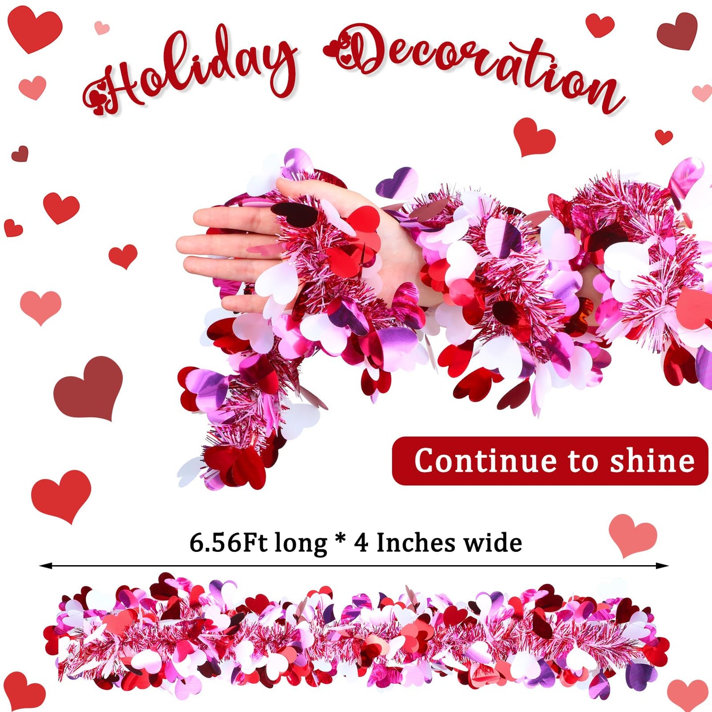 6 Pcs Valentine's Day Tinsel Garland Total 39Ft Red Heart Metallic Garland Decor Red and White Tinsel Garland Twist Garland Valentines Heart Tinsel Garland for Mantle Wedding Party Decoration Supply