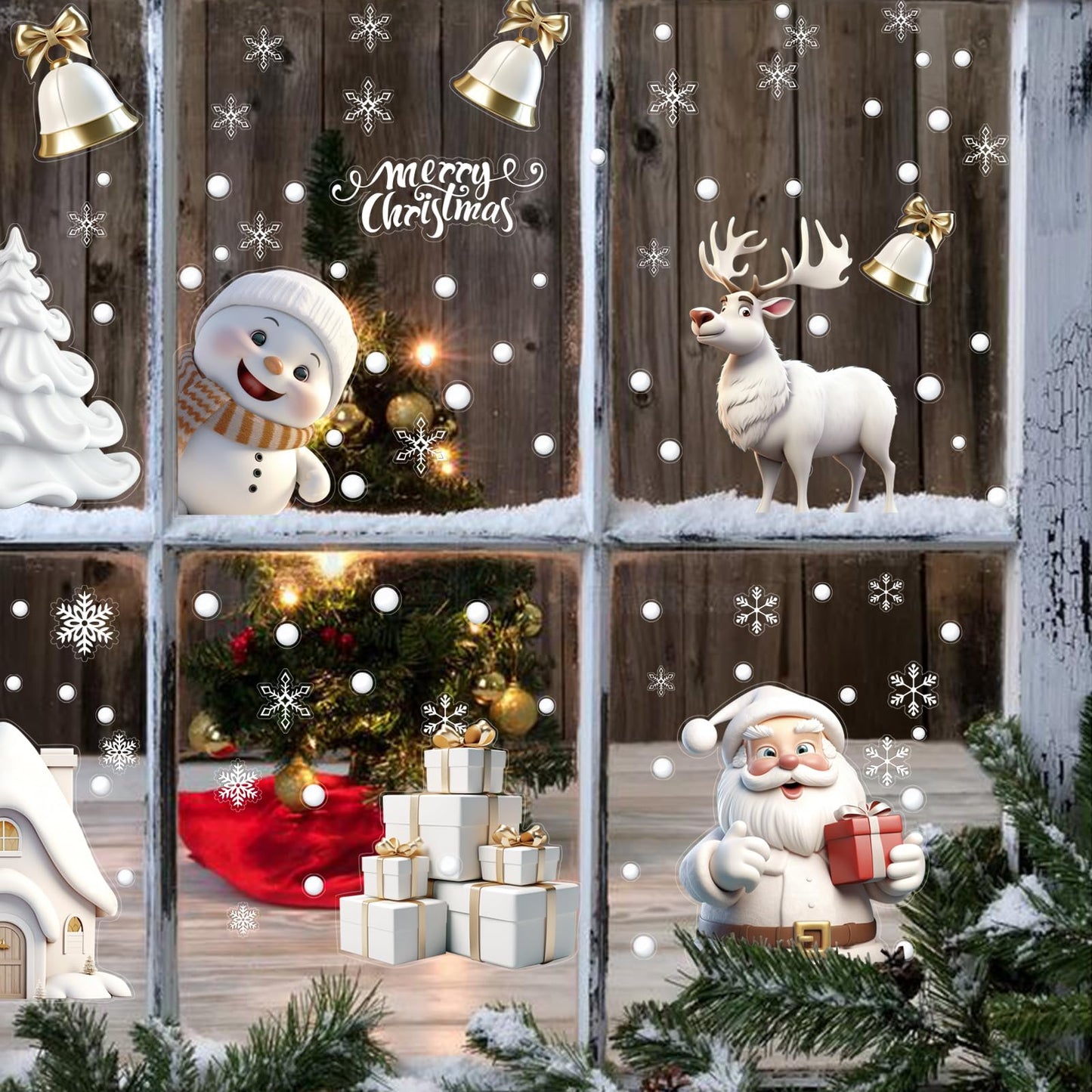 CCINEE 180pcs Christmas Window Clings，Xmas Large Window Static Stickers Snowman Santa Snowflake Reindeer Decals for Xmas Party Decorations（8 Sheets）