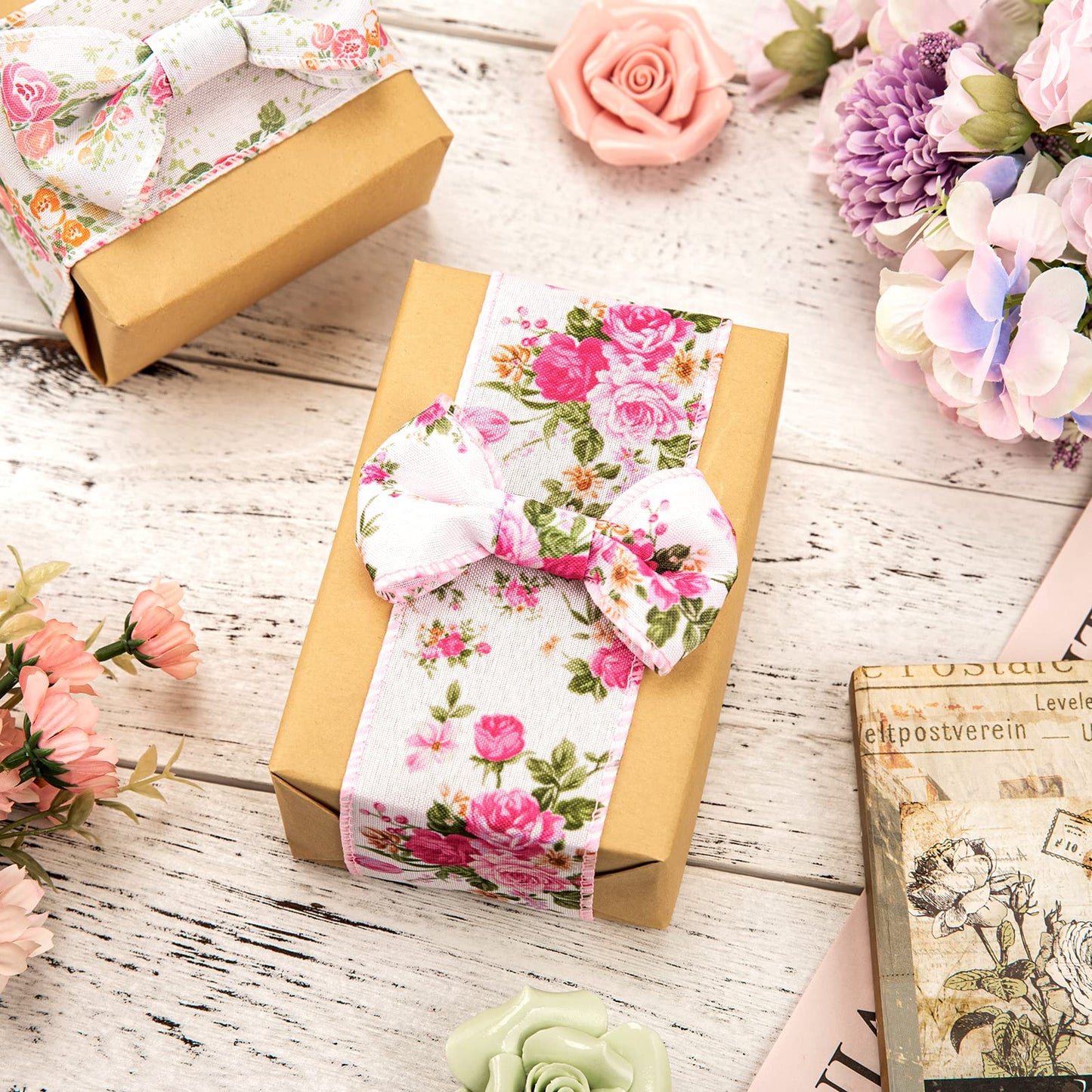 Floral Wired Edge Ribbon 4 Rolls Rose Flower Pattern Ribbon Spring Summer Fabric Decorative Craft Ribbon Roll for Gift Wrapping Decor Hair Bow Sewing Wreath Crafts, 20 Yard x 2.5 Inch