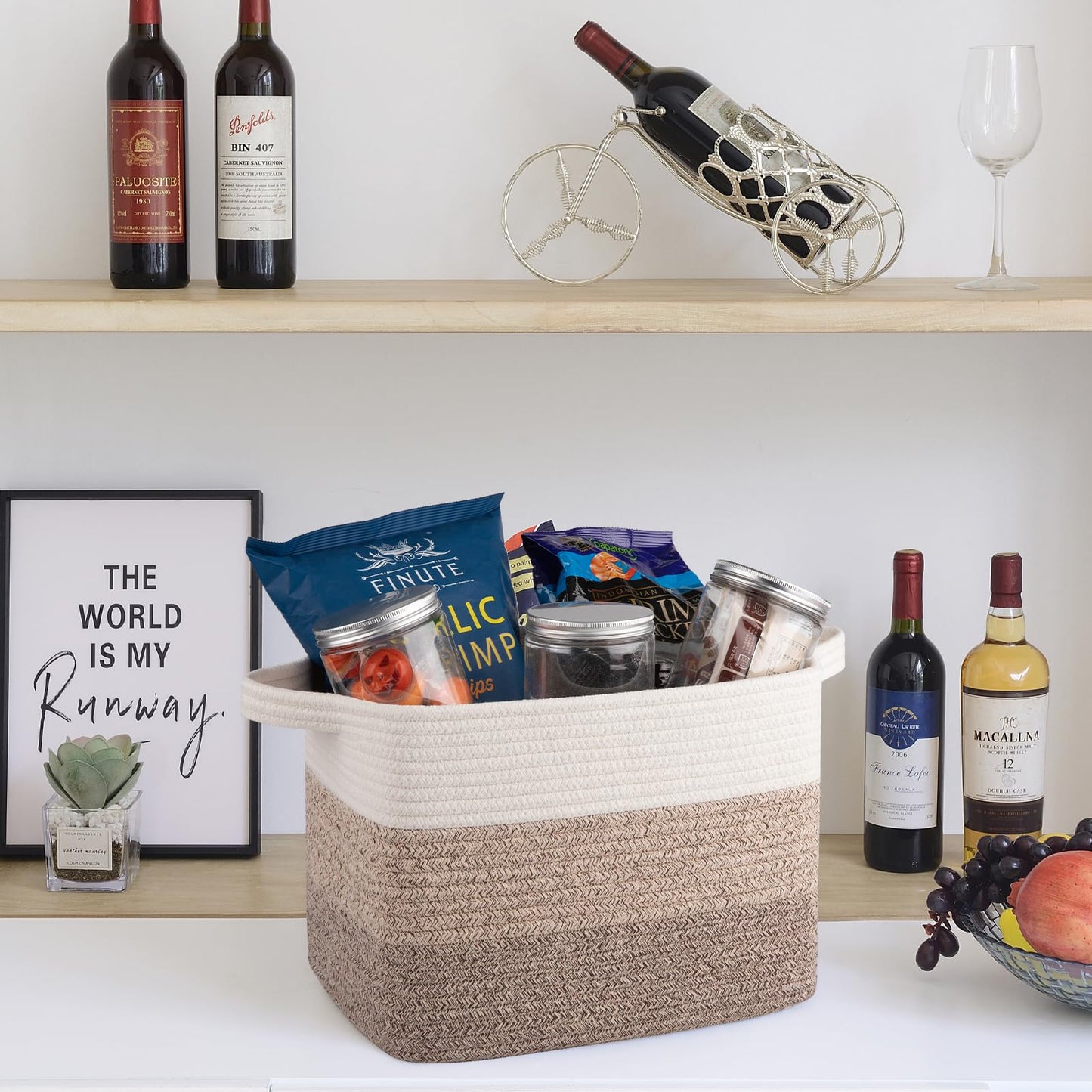 OIAHOMY Cotton Rope Storage Basket for Shelves, Baskets for Organizing, Rectangle Storage Bins with Handles, Woven Toy Baskets for Nursery Room, 13×9.85"×8.7", Brown