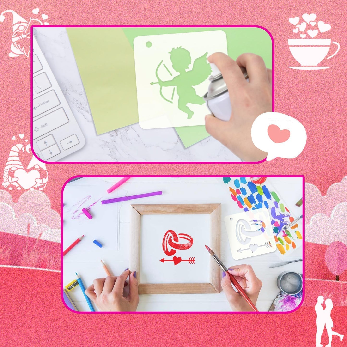 JULMELON Valentine's Day Stencils, 20Pcs Valentine Drawing Templates Reusable Plastic Template Stencils for Wall Floor Decor DIY Rock Dot Painting Art Projects (3inch)