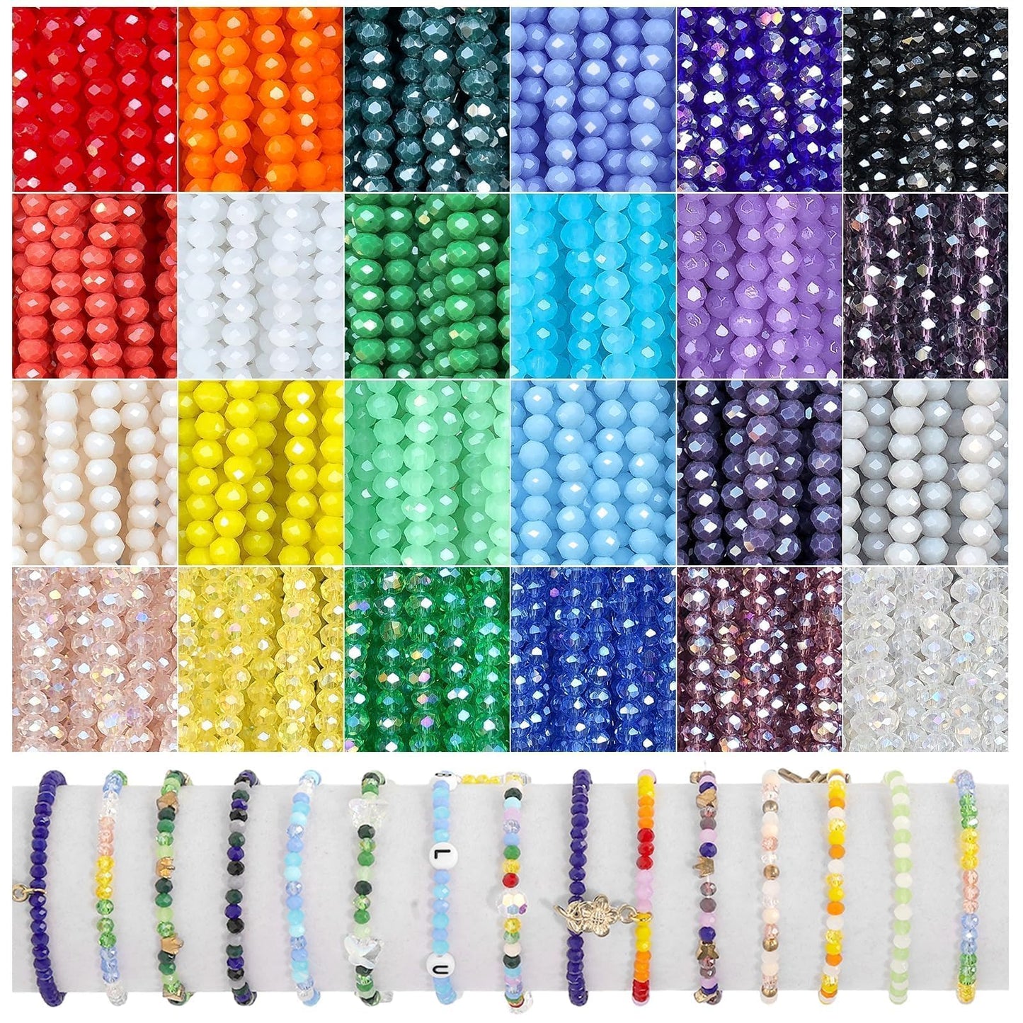 1800Pcs 4mm Glass Beads for Bracelets Jewelry Making, Faceted Bead Friendship Bracelet Kit, Rainbow Beads DIY Craft with Charms
