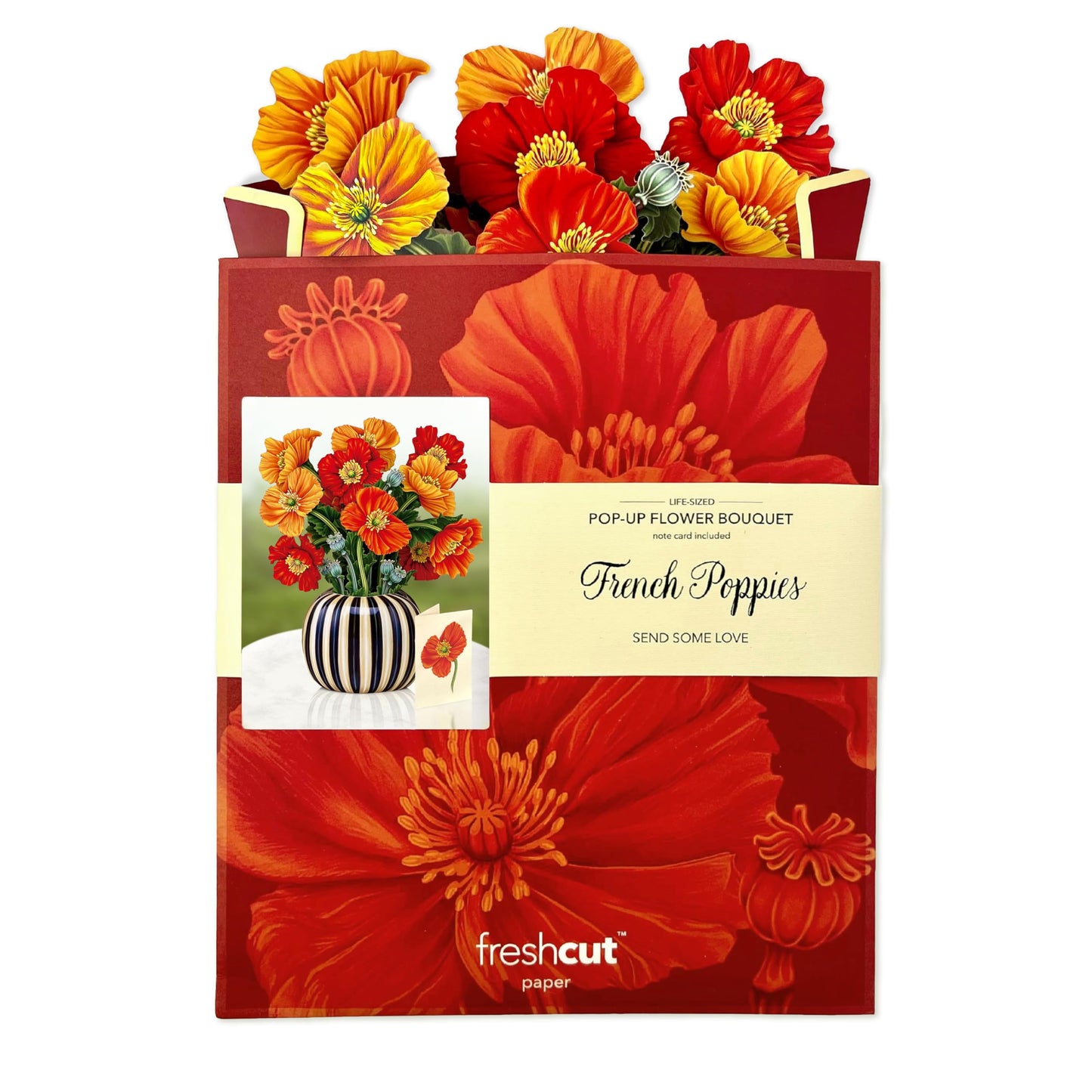 Freshcut Paper Pop Up Cards, French Poppies, 12 Inch Life Sized Forever Flower Bouquet 3D Popup Greeting Card, Birthday Cards, Thank You Card, Blank Notecard & Envelope
