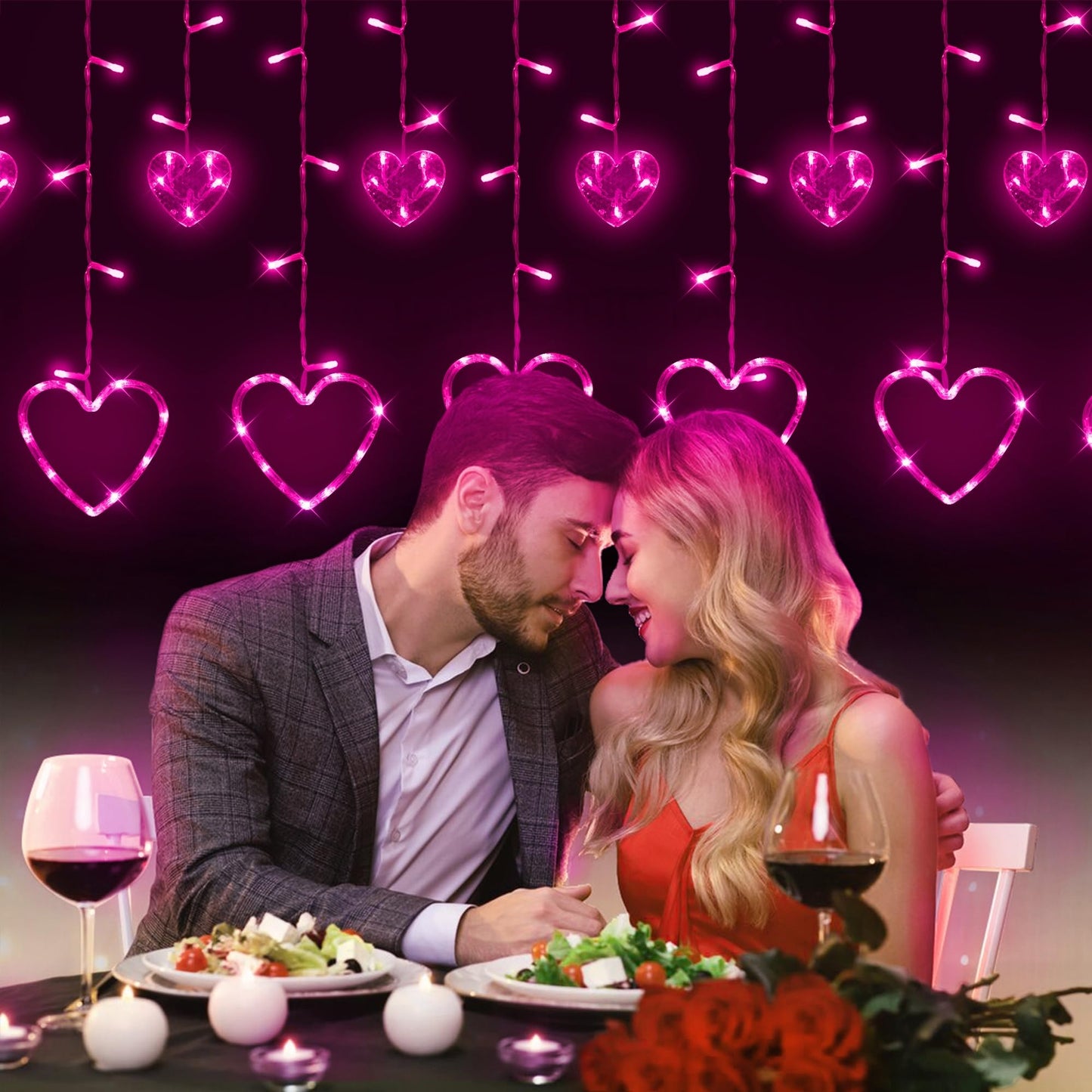 Valentine's Day Decoration, 138 LED Connectable Heart Curtain Lights with 8 Twinkle Modes, Plug in Pink Heart-Shaped Icicle Lights for Indoor Outdoor Garden Party Wedding Valentines Day Decor