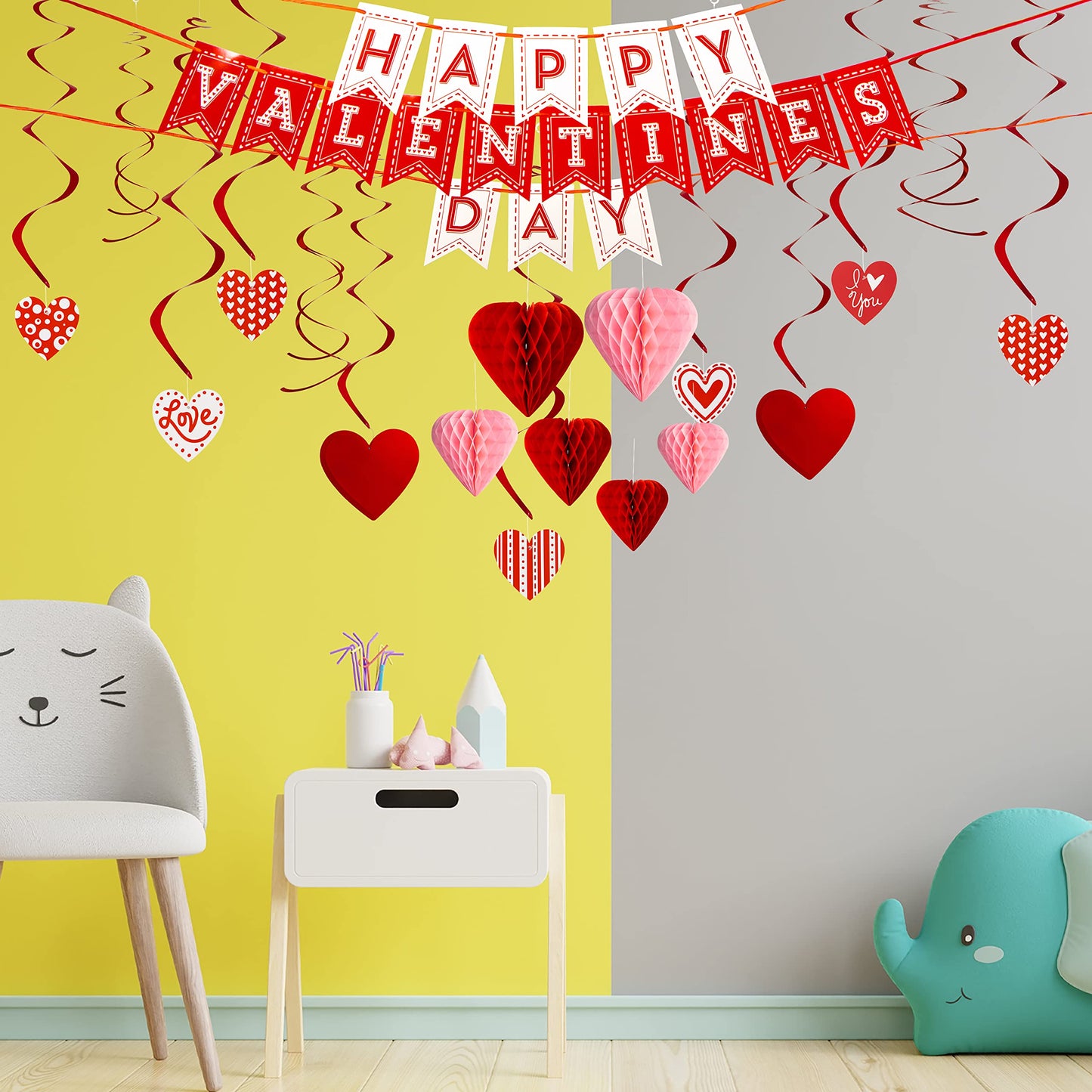 JOYIN 31 Pcs Valentines Day Swirl String Cutout,Decoration Kit with Banner, Garland, Foil Swirls, Hanging Swirls with Heart Pendant,Heart Honeycombs for Valentines Party, Wedding ,Anniversary
