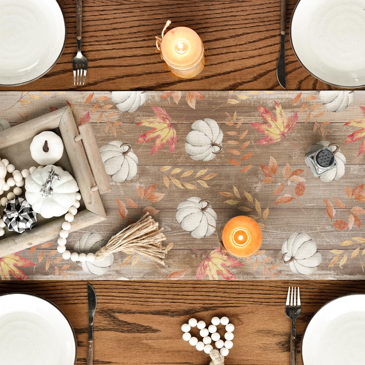 Pumpkins Maple Leaves Brown Wood Fall Table Runner, Seasonal Autumn Kitchen Dining Table Decoration for Home Party Decor 13x72 Inch