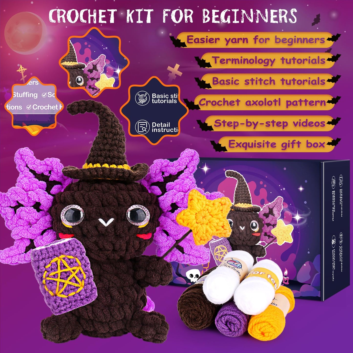 Crochetta Crochet Kit for Beginners, Crochet Starter Kit w Step-by-Step Video Tutorials, Beginner Crochet Kit for Adults Kids Women Men Complete Kit Included (Axolotl Wizard)