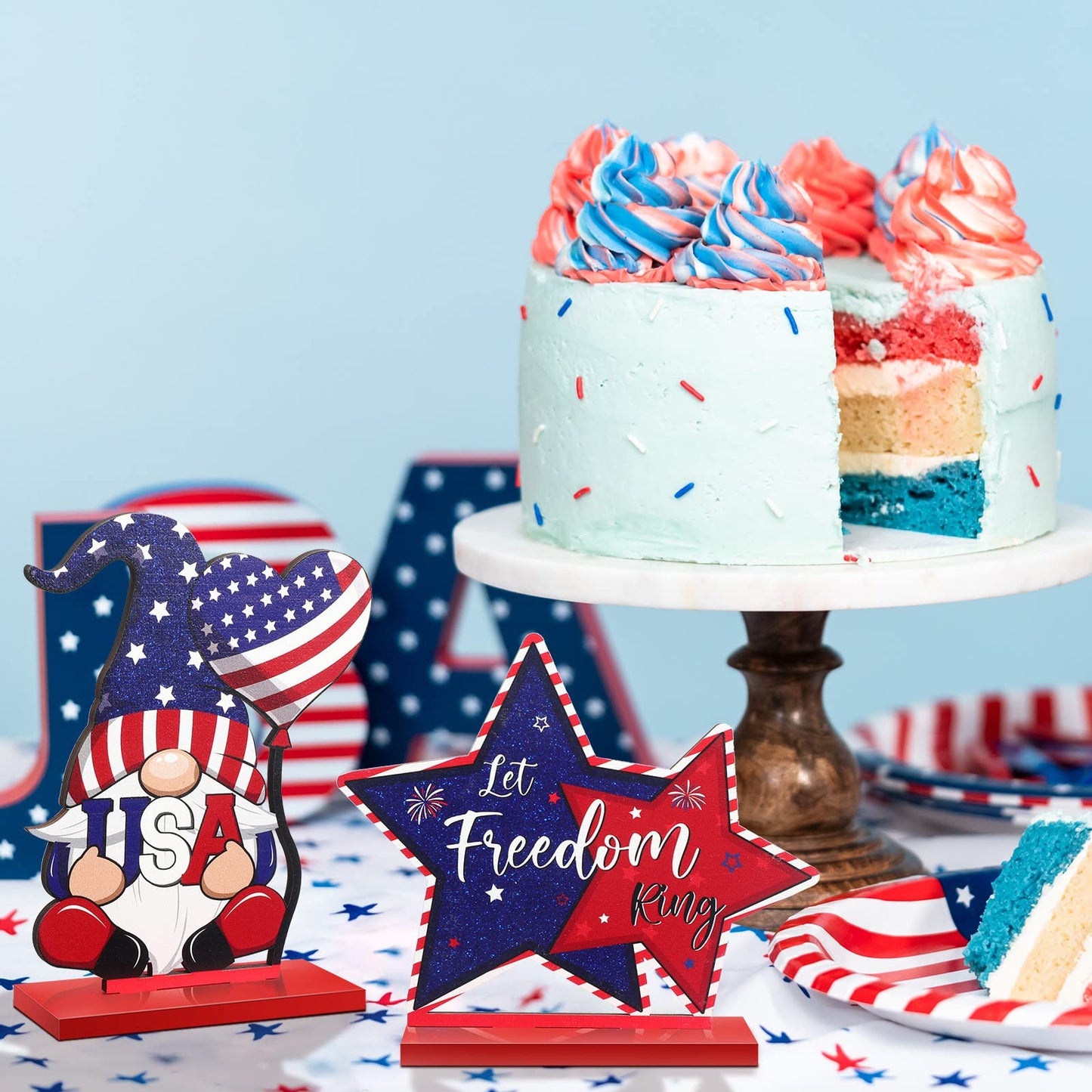 Qunclay 6 Pieces Patriotic Table Decor Memorial Day Table Decorations Wooden Gnome Freedom Truck Star 4th of July Table Signs for Veterans Day Independence Day Table Topper Decor Supplies (With Base)
