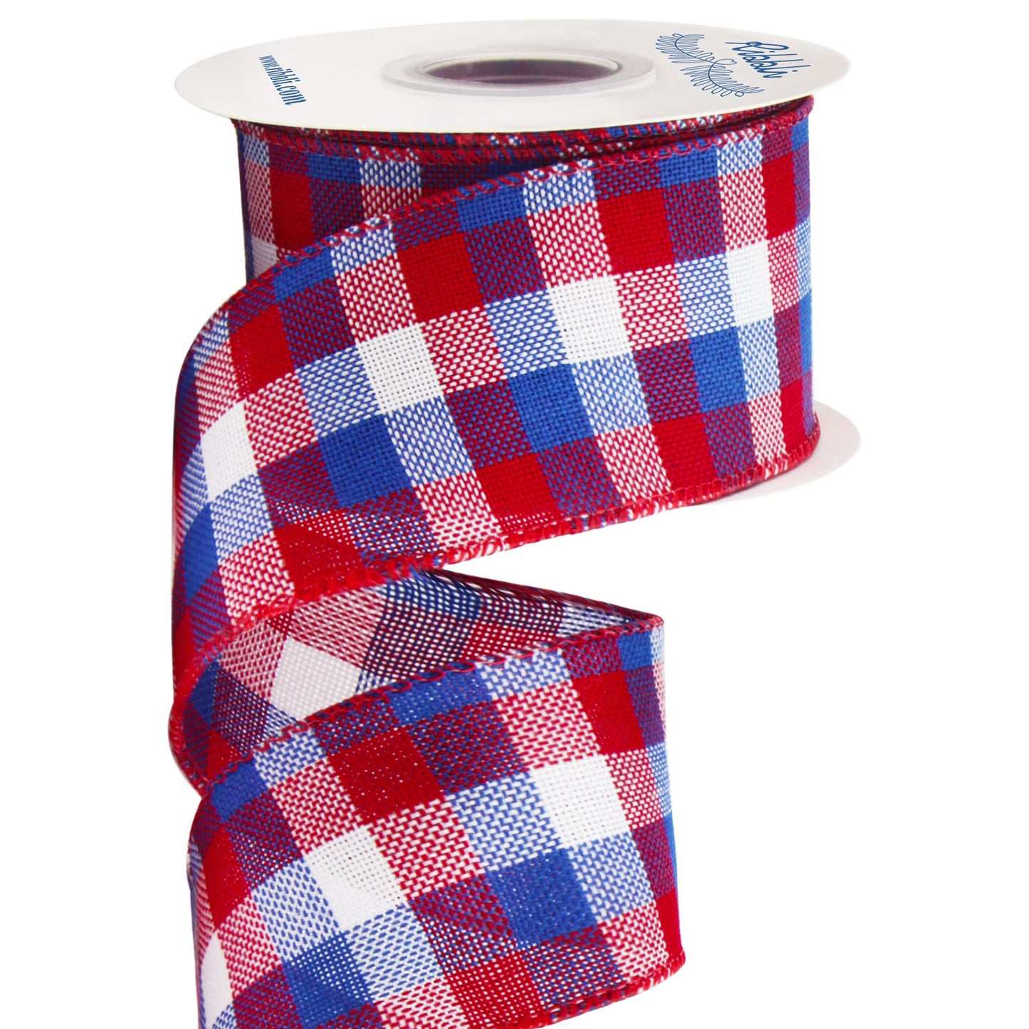 Ribbli Patriotic Red/White/Blue Check Wired Ribbon, 2-1/2 Inch x 10 Yard,4th of July Buffalo Plaid Ribbon,Burlap Ribbon for Big Bow,Wreath,Tree Decoration,Outdoor Decoration