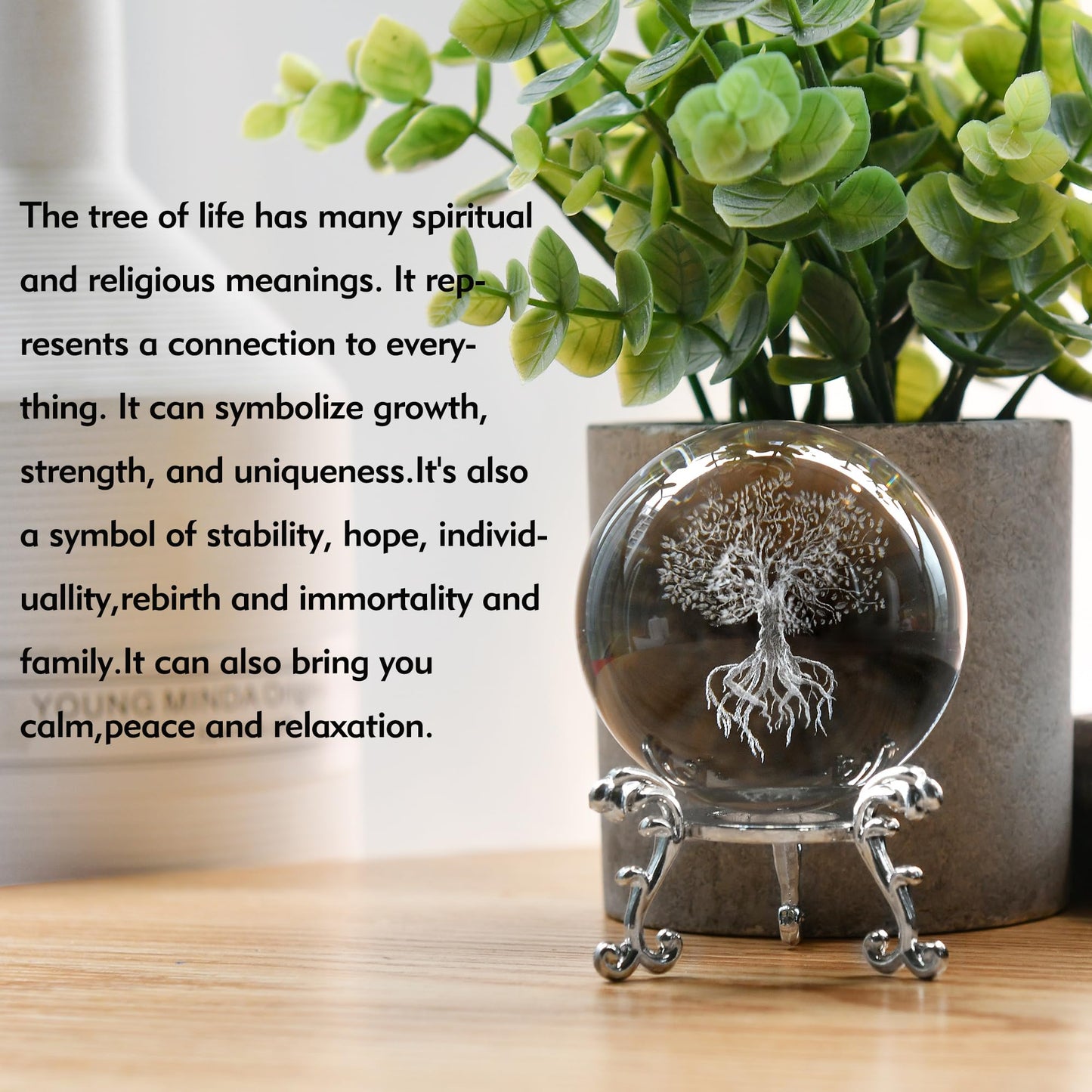 IFOLAINA 3D Tree of Life Crystal Ball with Stand Laser Engraved Glass Ball Tree of Life Decor Decorative Globes 3D Crystal Plant Sphere Gifts for Her Birthday