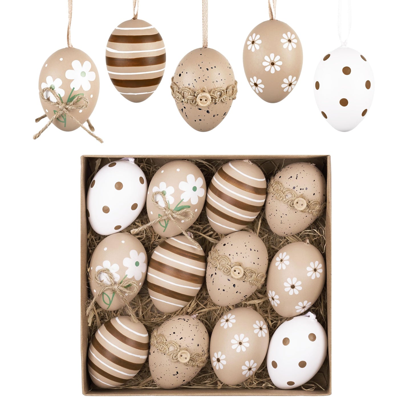 12Pcs Plastic Easter Eggs Ornaments Tree Decoration, 2" Neutral Beige White Easter Eggs Bulk, Shatterproof Decorative Hanging Decorations for Spring Holiday Party Decor