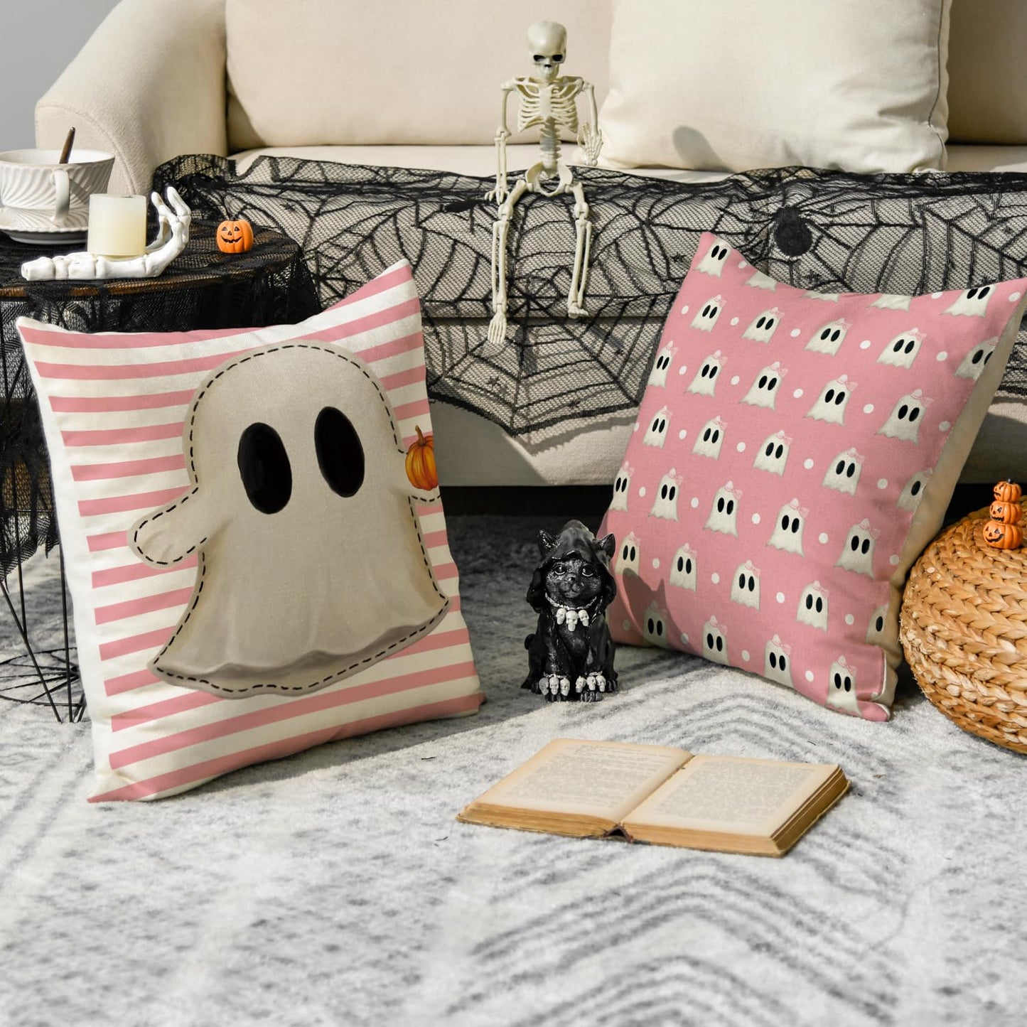 AVOIN colorlife Halloween Hey Boo Cute Ghost Spooky Pink Throw Pillow Covers, 18 x 18 Inch Horror Scary Cushion Case for Sofa Couch Set of 4