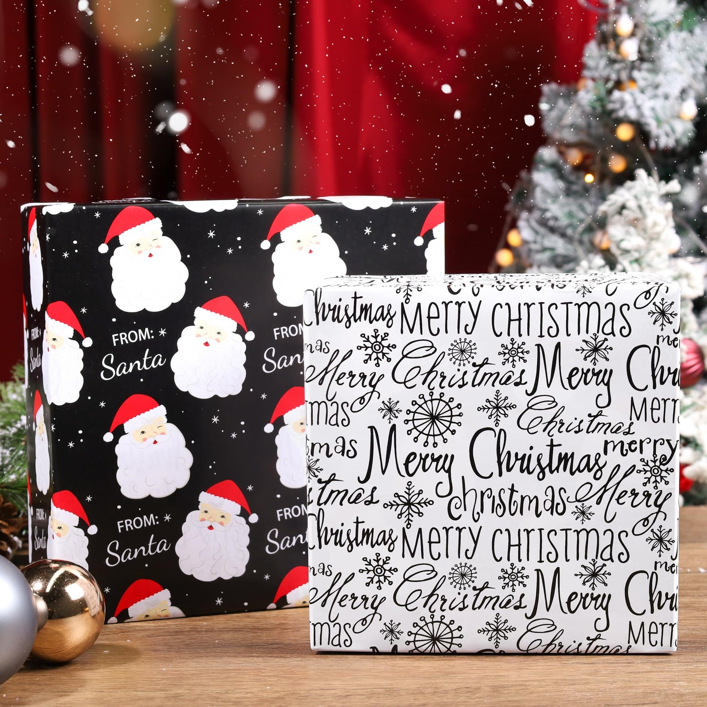 Black Santa Christmas Wrapping Paper, Reversible Holiday Gift Wrap with Classic From Santa & Merry Christmas Design for Kids, Season Party, Xmas Presents, 17 Inch X 33 Feet