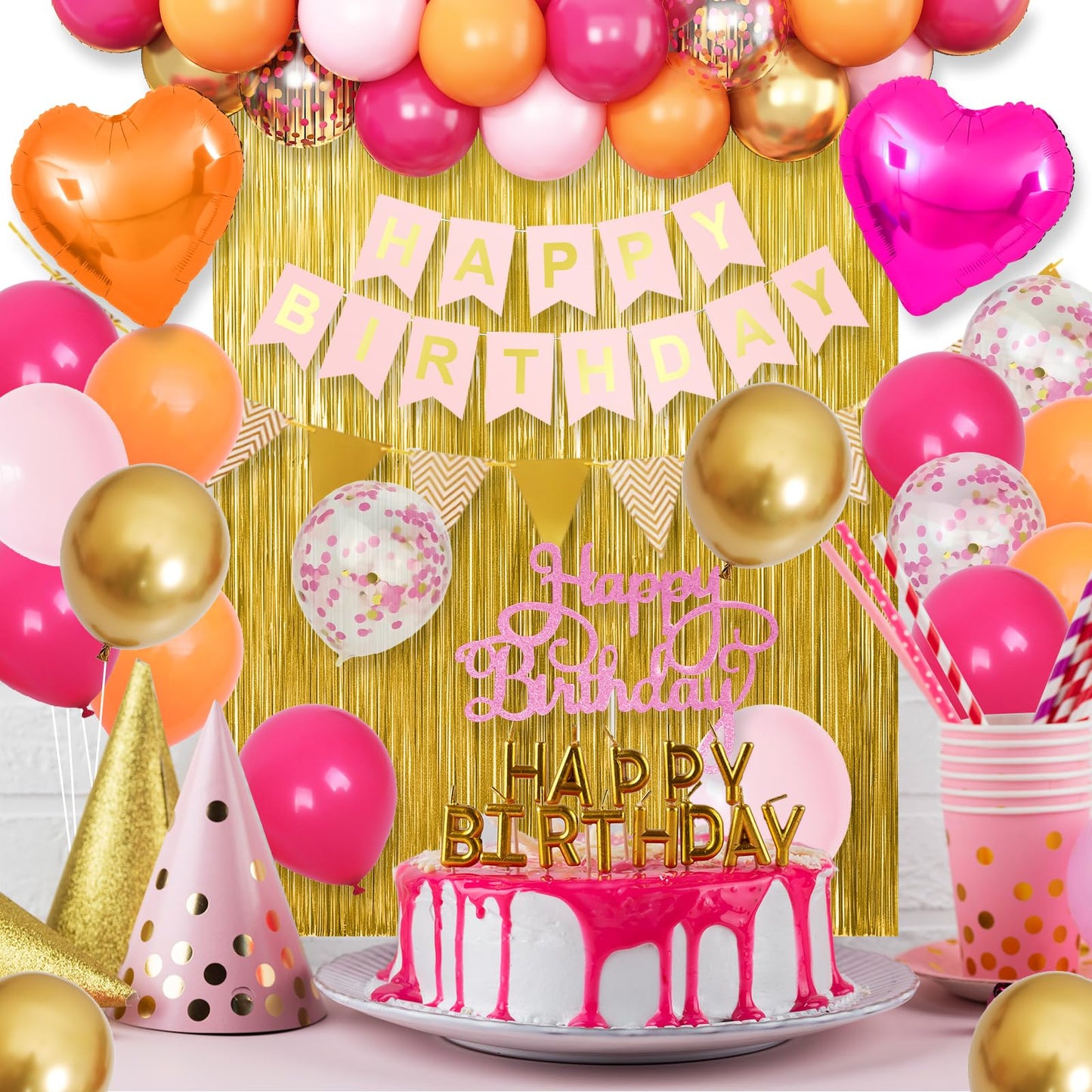 Pink Orange Party Decorations,Birthday Decorations with Hot Pink Orange Gold Balloons Happy Birthday Banner Fringe Curtain for Girls Women Teens Kids Party Decor