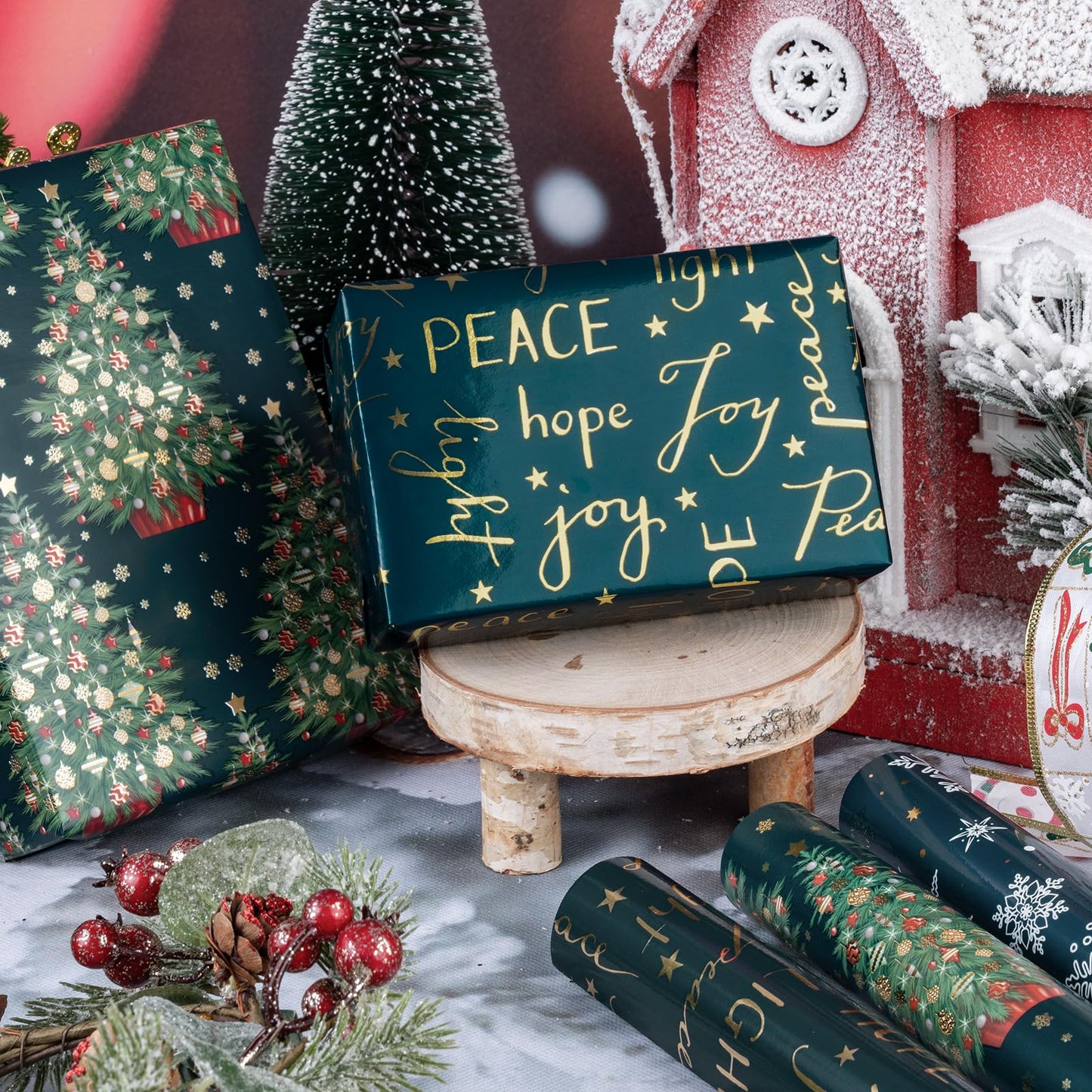 Christmas Wrapping Paper Roll - Mini Roll - 3 Rolls - 17 Inch x 120 Inch Per Roll - Green Christmas Tree and Snowflake Holiday Design with Metallic Foil Shine