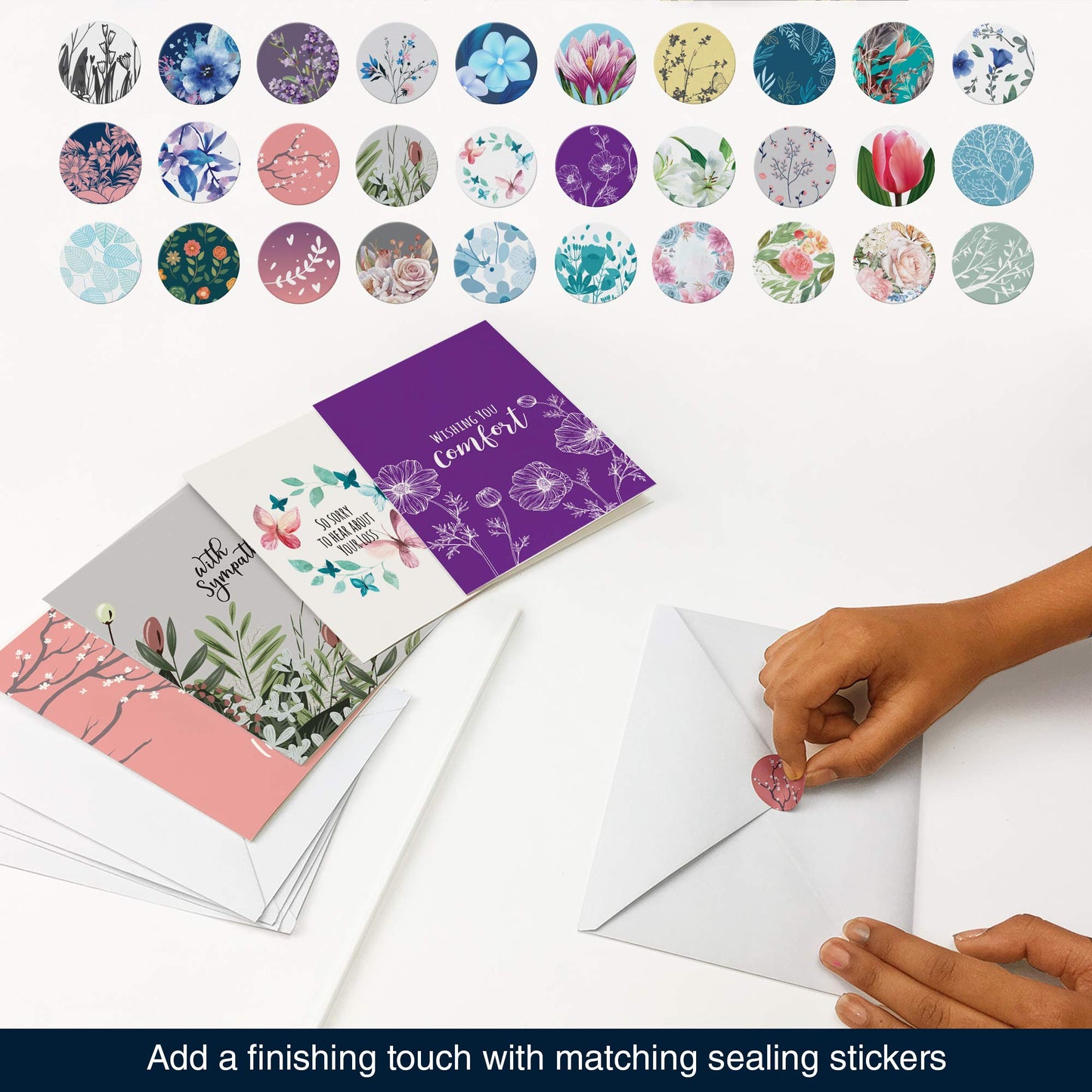 30 Unique Sympathy Cards With Greetings Inside. 30 Different, Large Greeting Cards With Envelopes and Matching Sealing Stickers. Includes Sturdy Storage Box.