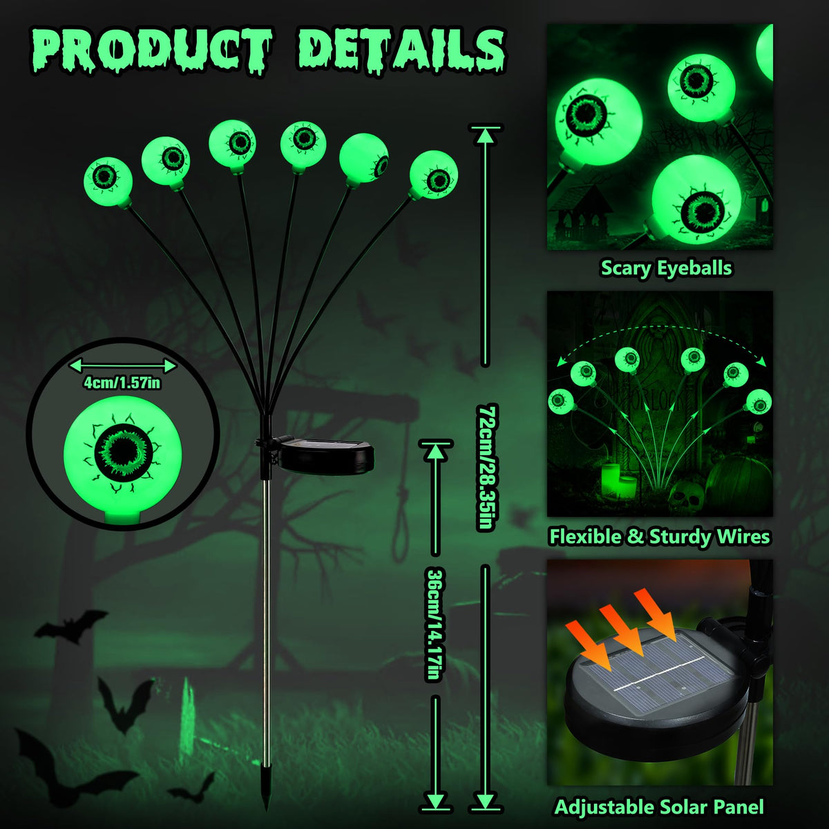Brizled Solar Halloween Lights, 2 Pack Total 12 LED Green Eyeball Lights