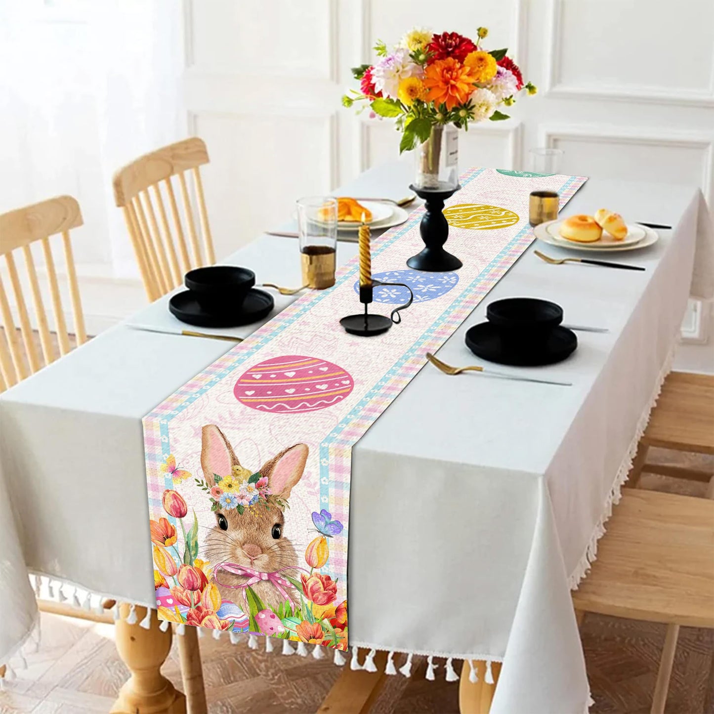 Easter Table Runner 72 Inch Easter Bunny Eggs Table Runner Buffalo Plaid Check Decor for Kitchen Dining Table Home Party Decorations