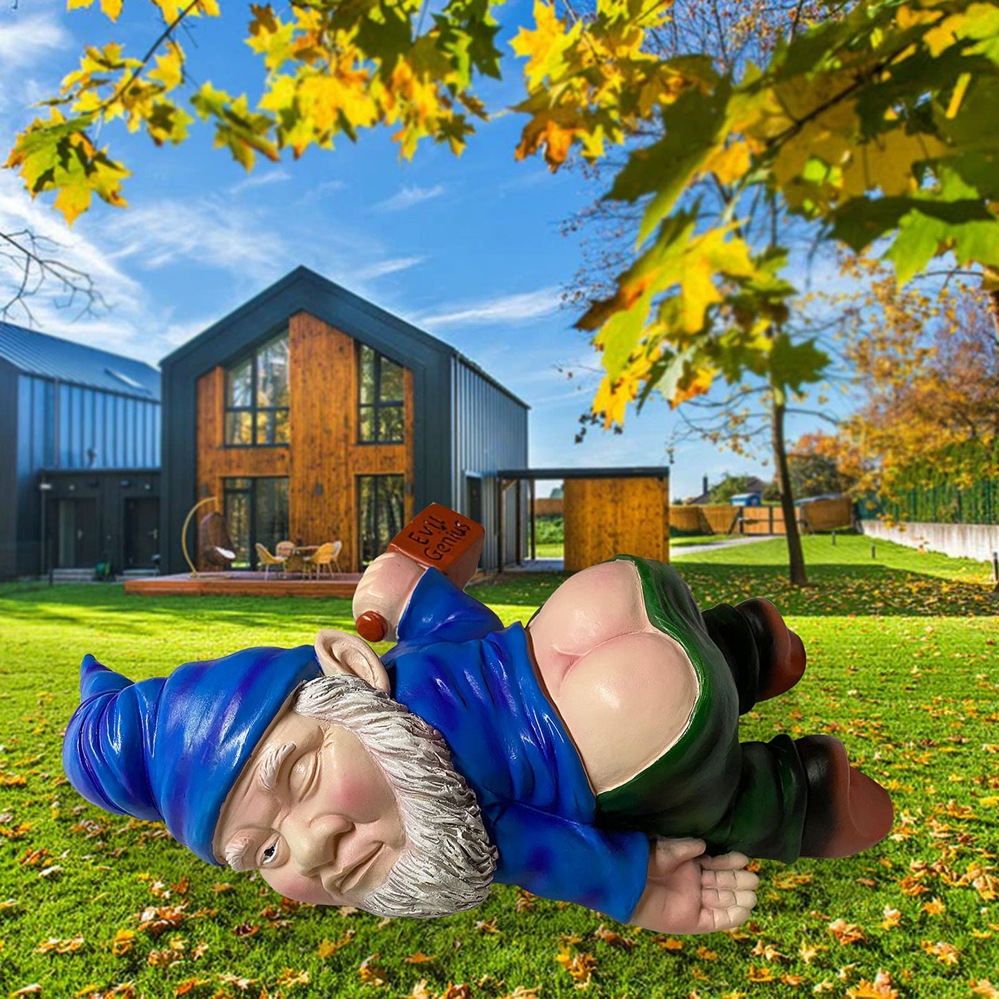 Gnome Statue Outdoor Decor 9.5 Inch L, Funny Garden Yard Lawn Sculpture Decoration, Naughty Housewarming Gift, Blue