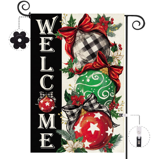 Baccessor Christmas Garden Flag 12.5 x 18 Inch Double Sided Burlap Winter Red Xmas Ball Ornament Small Yard Flag Winter Holiday Seasonal Outdoor Outside Decoration