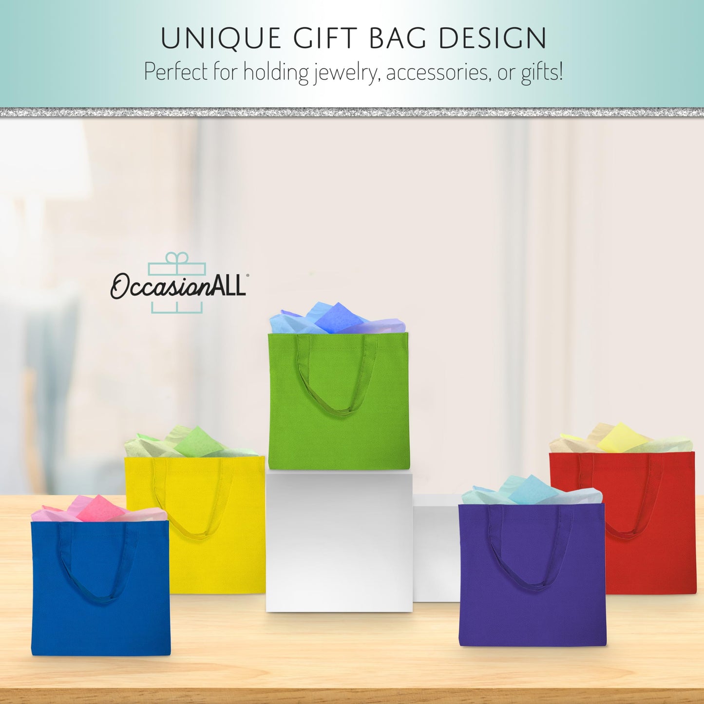 Large Reusable Fabric Gift Bags with Handles for Grocery, Christmas Tote, Birthdays, Goodies, Party Favors, Shopping, Bulk, 10x10, 12 Pack