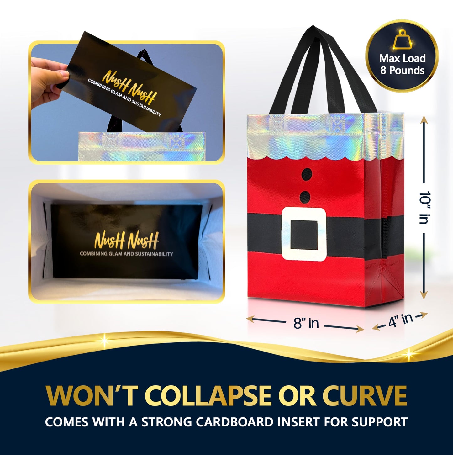 Nush Nush 12 Christmas Gift Bags Medium Size – Reusable Christmas Bags for Gifts With Handles and Holographic Santa Design - Perfect for Holiday Gifts, Presents,Goodies, Xmas Party Favors - 8 x4 x 10