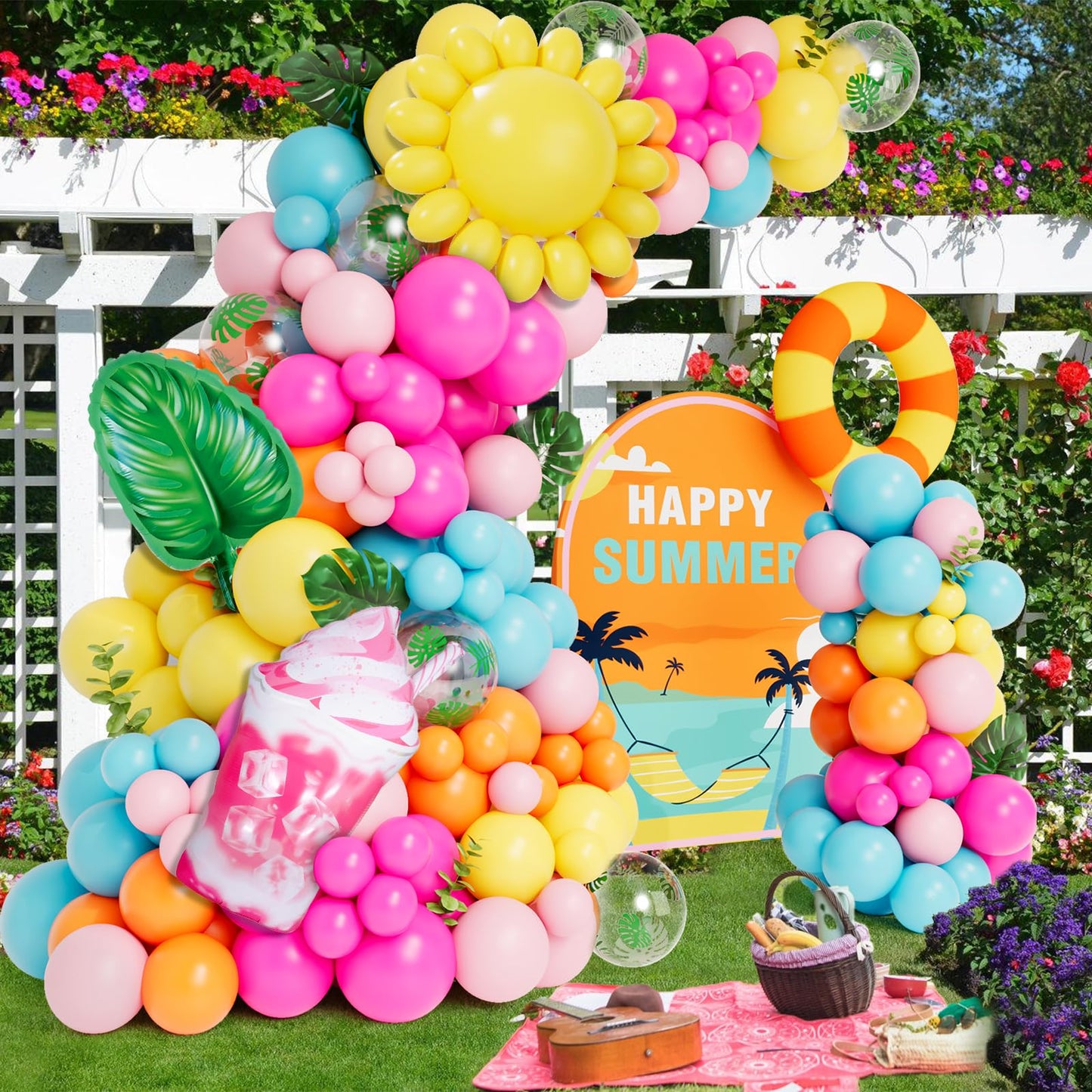 DBKL Tropical Balloon Arch Garland Kit, Luau Hawaiian Party Decorations, Rose Orange Yellow Blue Green Palm Leaves Balloons for Tropical Hawaiian Summer Birthday Pool Party Supplies