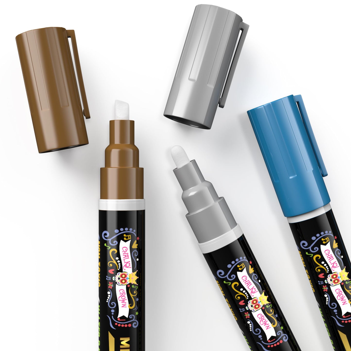CHALKY CROWN Metallic Liquid Chalk Markers - 8 Pack with Reversible Bullet and Chisel Tips - Dust Free, Erasable, Non-Toxic - Ideal for Blackboards, Windows, and Glass - Writing Tools