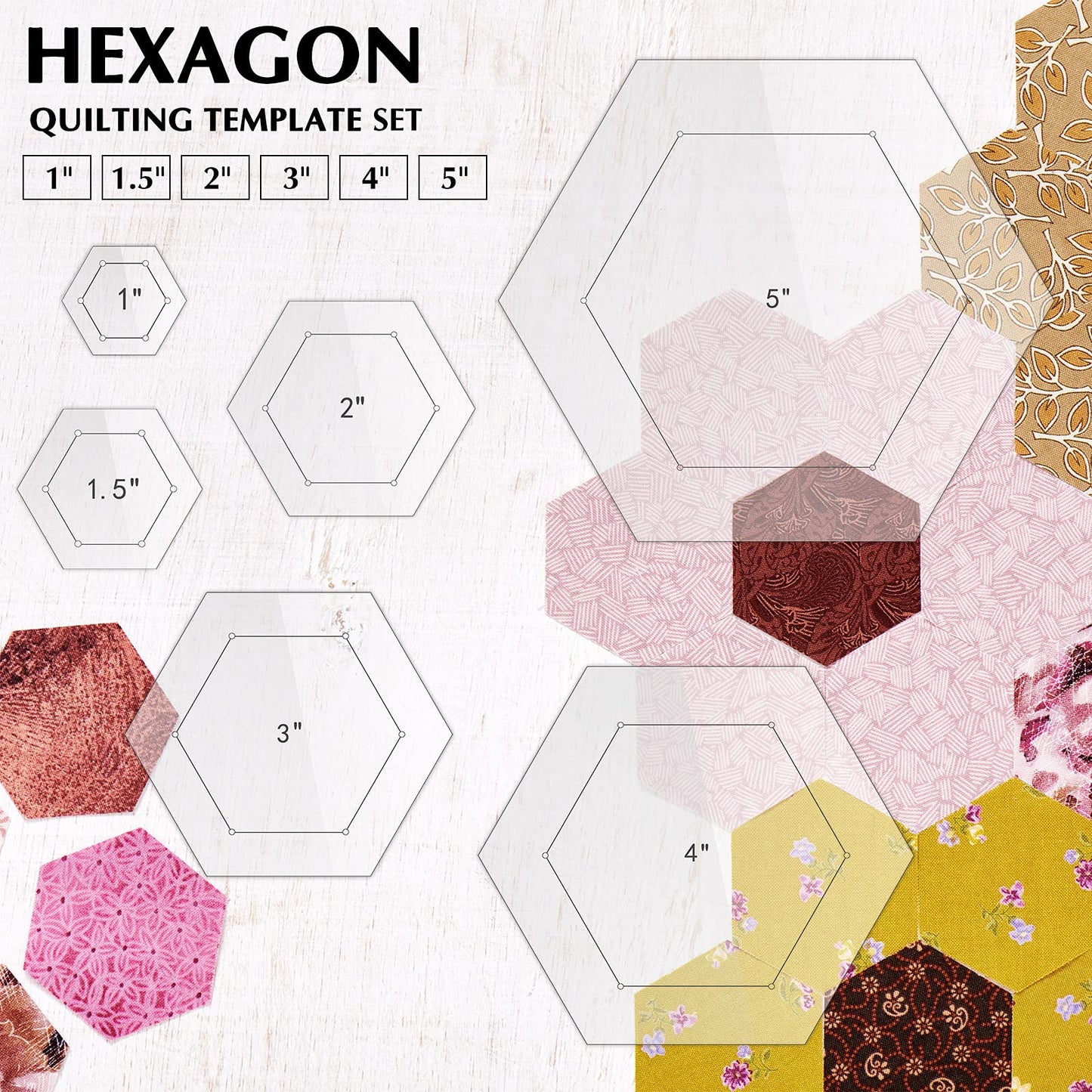 Weewooday 6 Pieces Hexagon Quilting Templates 1 Inch, 1.5 Inch, 2 Inch, 3 Inch, 4 Inch, 5 Inch with 1/4 Inch Seam Allowance, Acrylic Quilting Templates for DIY Quilting Sewing Crafts