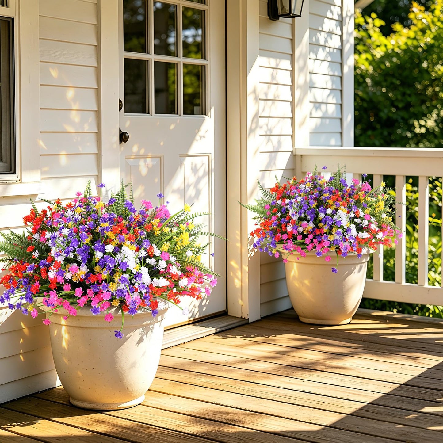 AmberFun 24 Bundles Artificial Outdoor Flowers, UV Resistant Faux Flowers for Outdoor Planters, Plastic Fake Plants for Front Porch Patio Garden Hanging Basket