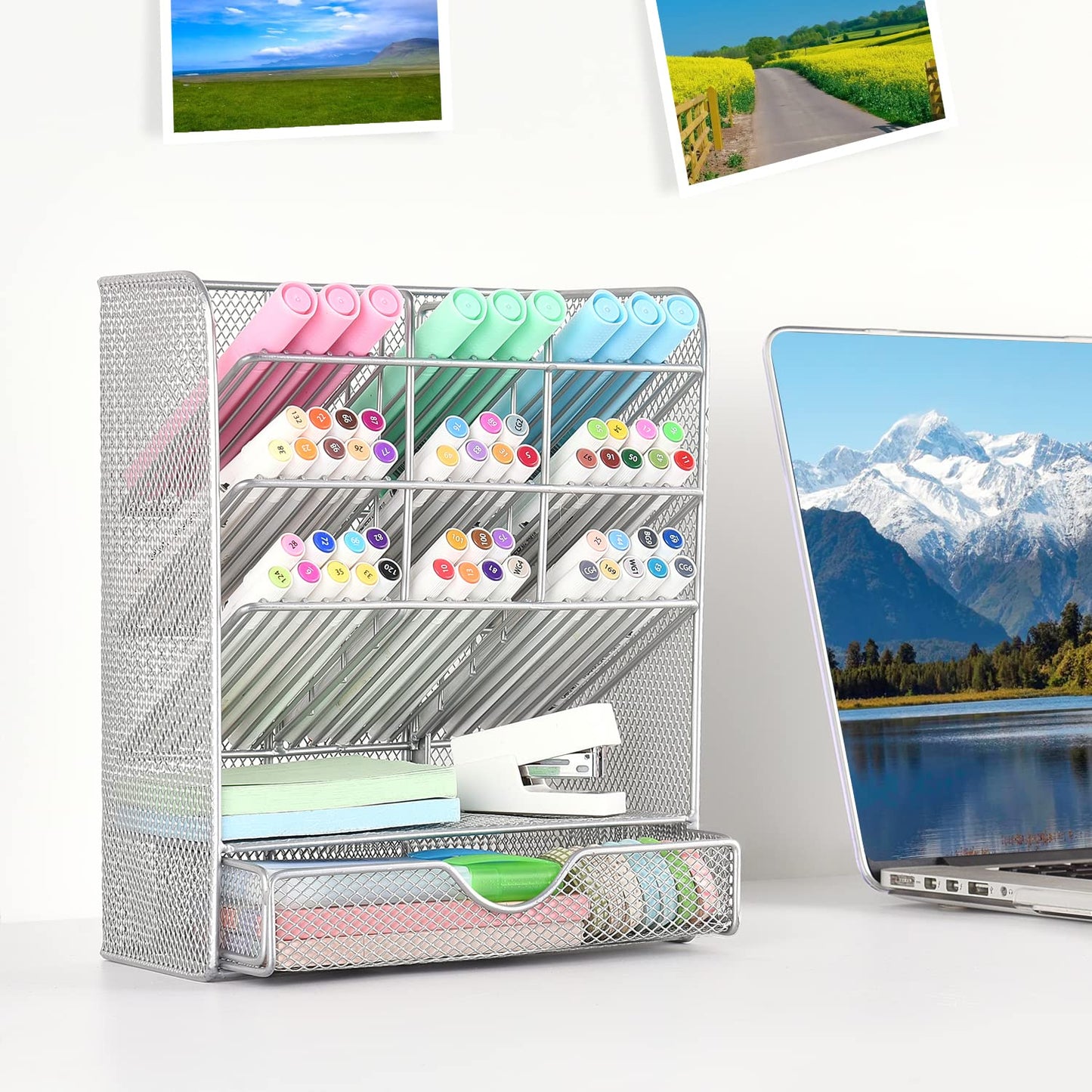 Spacrea Pen Holder Desk Organizer - Desk Organizers and Accessories, Pencil Holder with 10 Compartments and 1 Drawer (Silver)