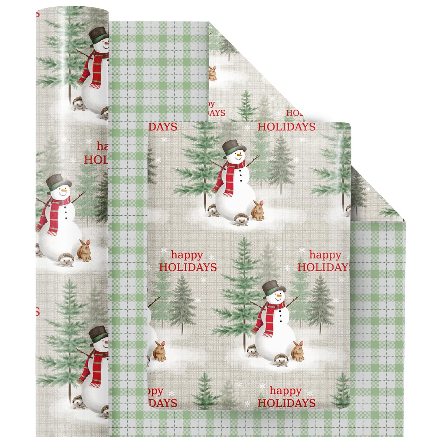 Reversible Wrapping Paper Roll - Mini Roll - Christmas Snowman and Plaid Pattern Great for Christmas, Party, Holiday - 17.5 Inches X 32.8 Feet