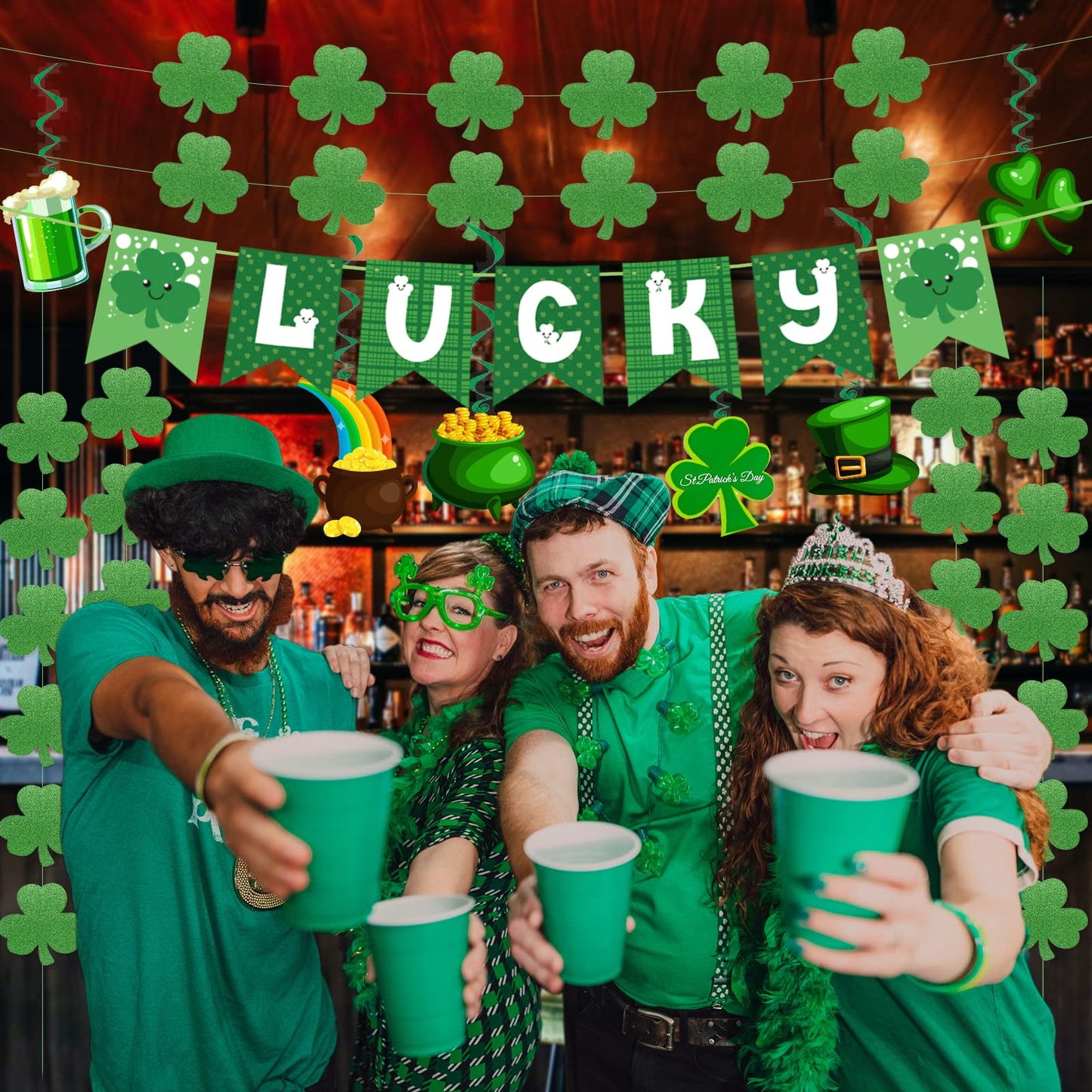 31Pcs St Patricks Day Decorations Pre-Assembled Shamrock Lucky Banner Garlands Clover Hanging Swirls Irish Decor for Home Saint Patrick Party Supplies