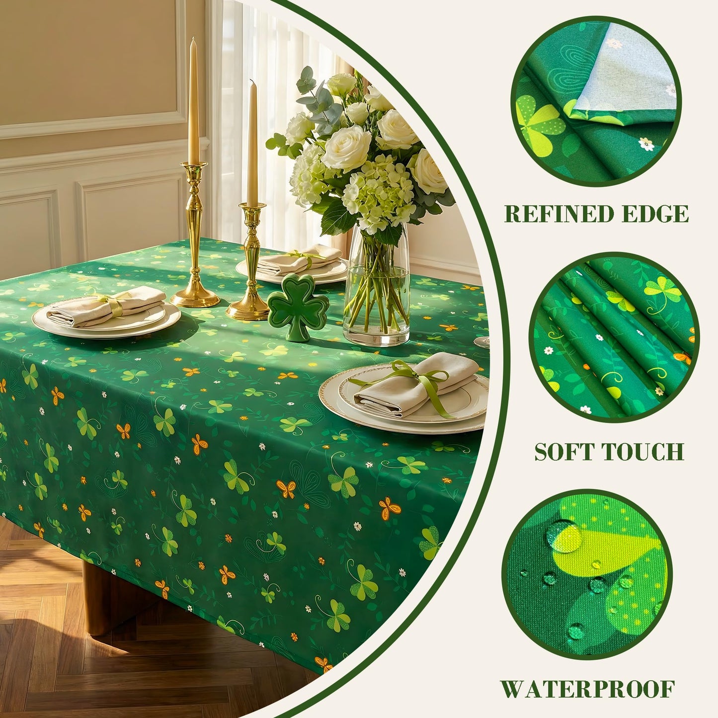 St. Patrick’s Day Tablecloth Waterproof Green Clover Table Cover – Shamrock Pattern Fabric Table Cloth for Dining Room, Party, Kitchen & Holiday Decoration, W60 x L84 in