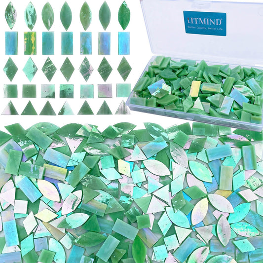 LITMIND Iridescent LightGreen Stained Glass Mosaic Tiles for Crafts - 240 Pieces, 5 Shapes Mixed (Rectangle, Triangle, Rhombus, Square, Leaf) - Ideal for Mosaic Making Projects and Beginners