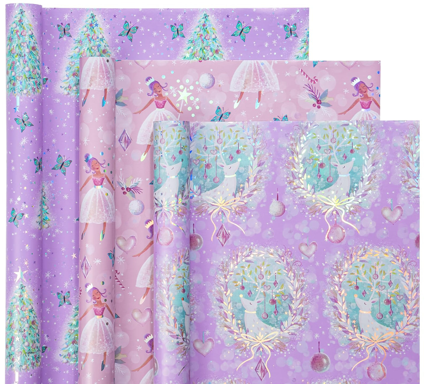 Christmas Wrapping Paper Roll - Mini Roll - 3 Rolls - 17 Inch x 120 Inch Per Roll - Girls Christmas Wrapping Paper - Pastel Purple Holiday Design with Metallic Foil Shine