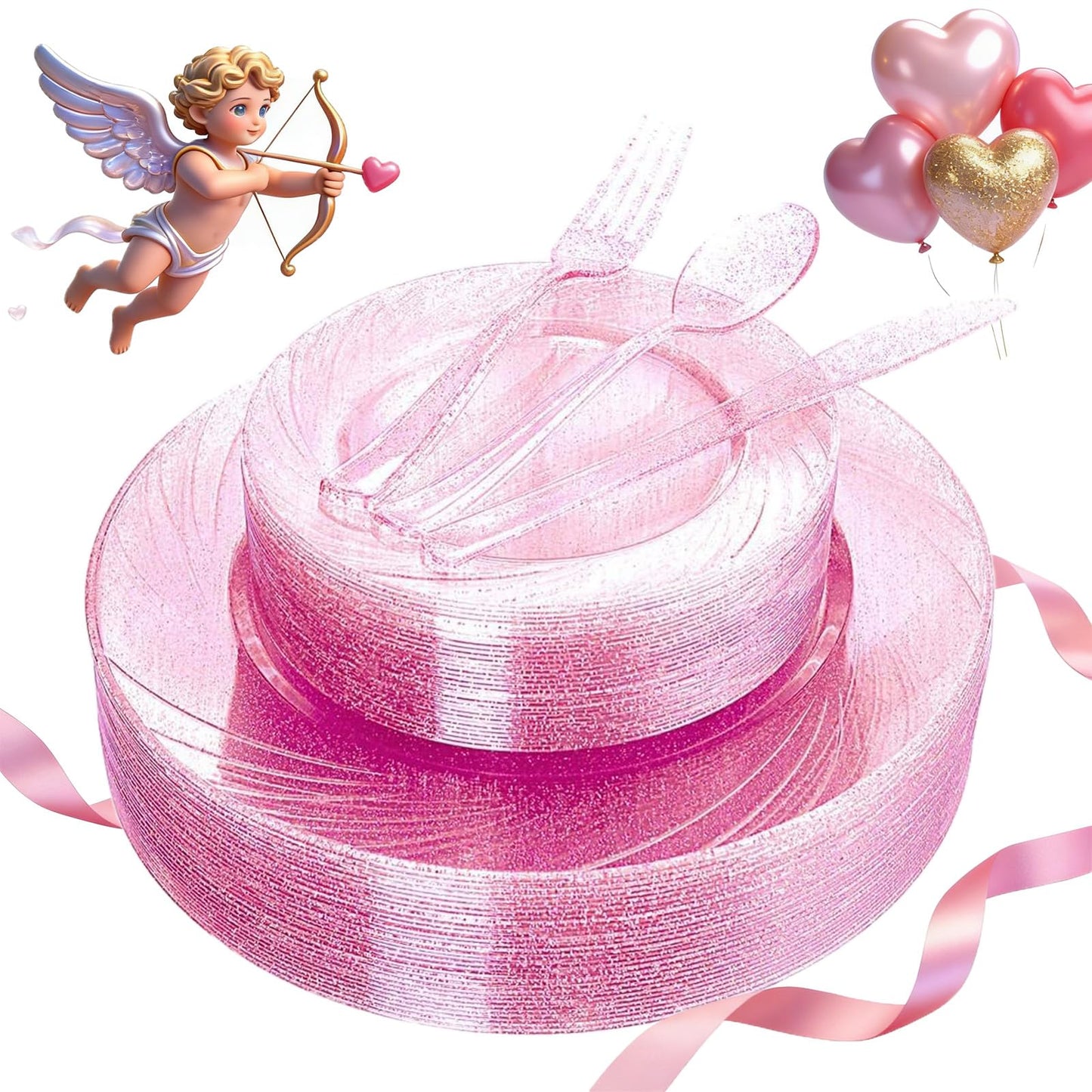 WDF Rose Gold Pink Plastic Plates with Pink Plastic Silverware include 40 Dinner & Salad Plates, 40Forks, 40 Knives, 40 Spoons for Wedding/Party/Valentine's Day