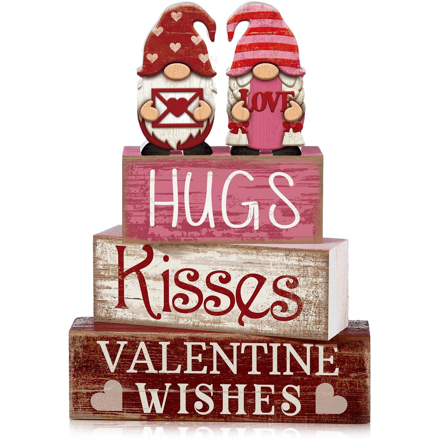 4 Pcs Valentine Day Table Decoration Pink Gnomes Valentine Centerpiece Valentine's Day Tiered Tray Decor Rustic Wooden Gnomes Heart Block Signs Red Pink White Valentines Decor for Home
